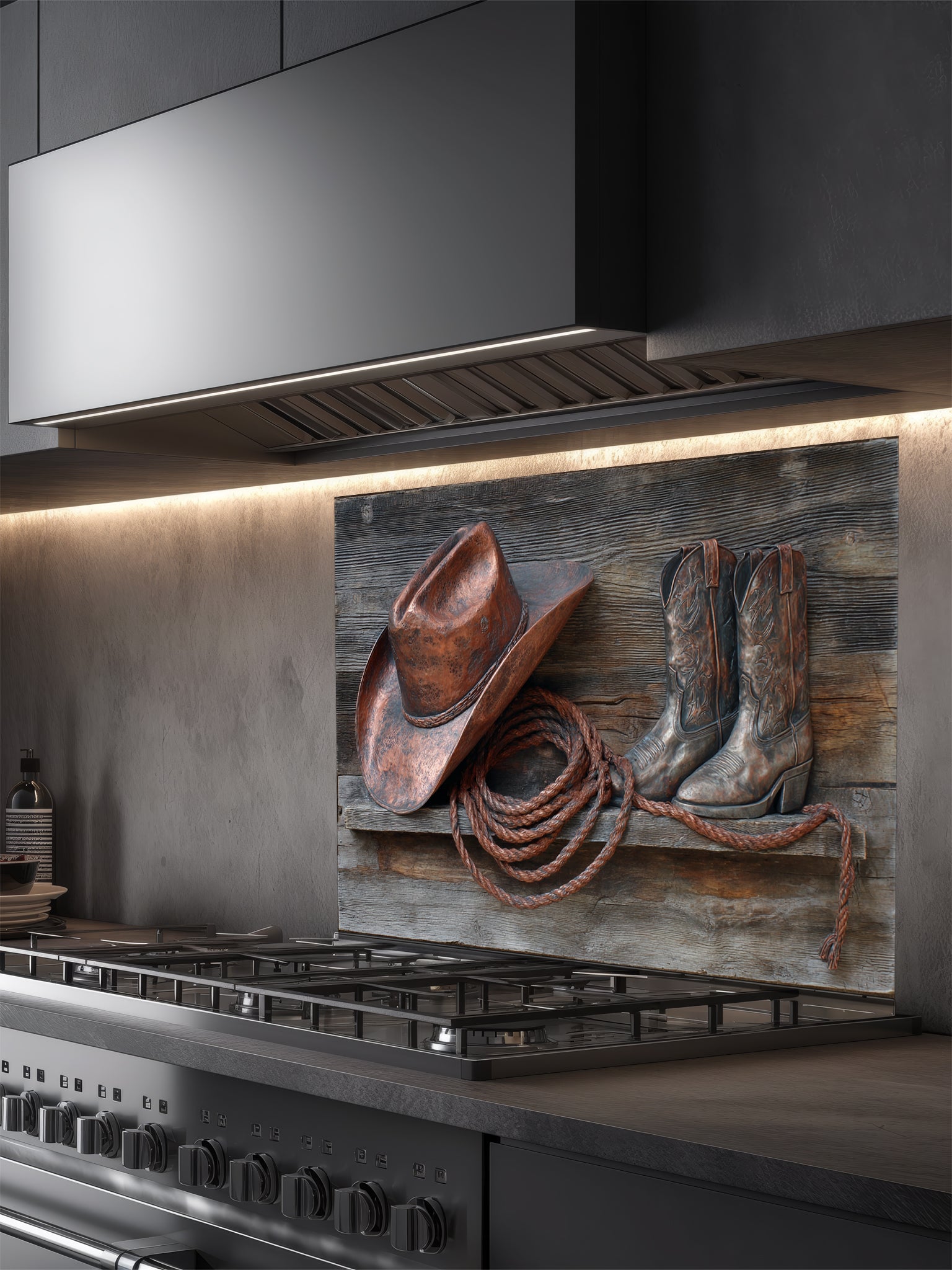 Tempered glass kitchen backsplash featuring a highly realistic 3D illusion of a rustic wooden shelf displaying a copper cowboy hat, worn leather boots, and a lasso rope against a weathered barn wood background, installed behind a modern black stove.