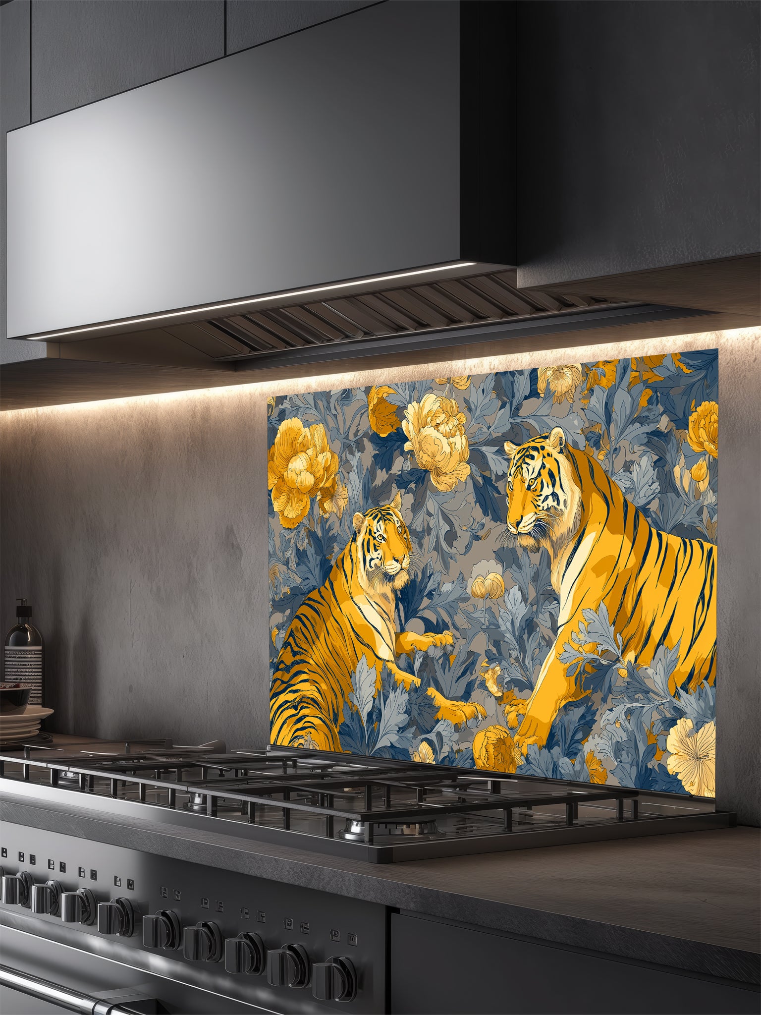 Vintage Chinoiserie style illustration of two majestic tigers among golden yellow peonies and deep blue botanical foliage, UV printed on a smooth tempered glass kitchen backsplash.