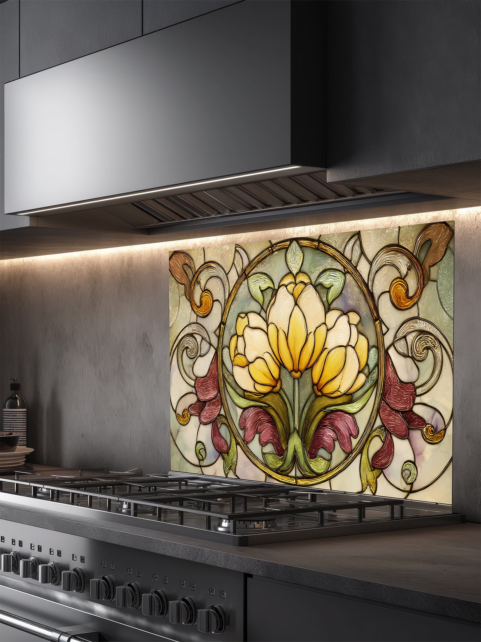 Tempered glass kitchen backsplash featuring a highly realistic faux stained glass design with a central medallion of yellow tulips surrounded by ornate Art Nouveau vines in green and burgundy, installed behind a modern stainless steel stove.