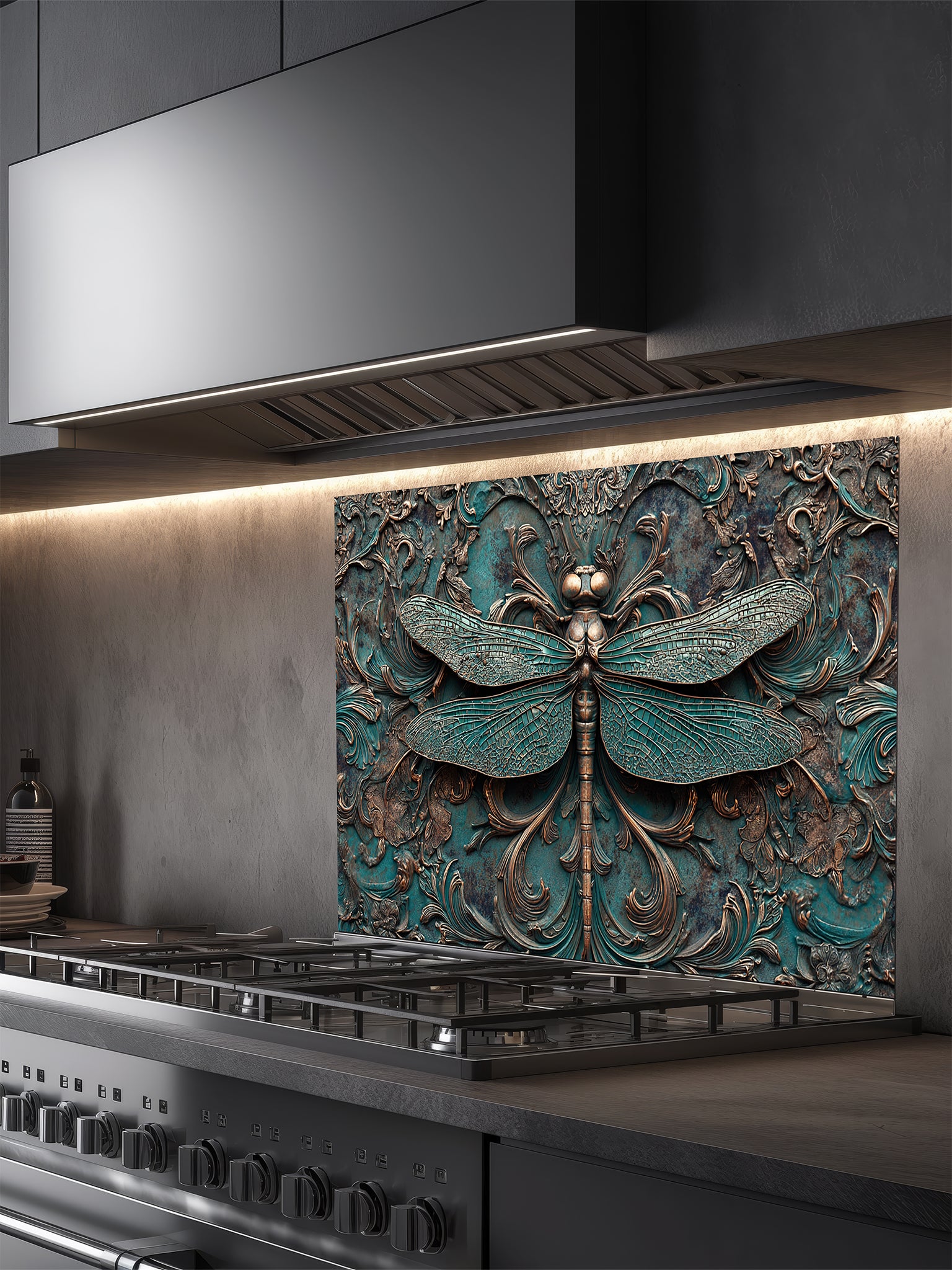 Tempered glass kitchen backsplash featuring a highly realistic 3D faux metal relief design of a detailed dragonfly and ornate antique bronze baroque scrollwork over a textured oxidized teal background, installed behind a modern stainless steel stove.
