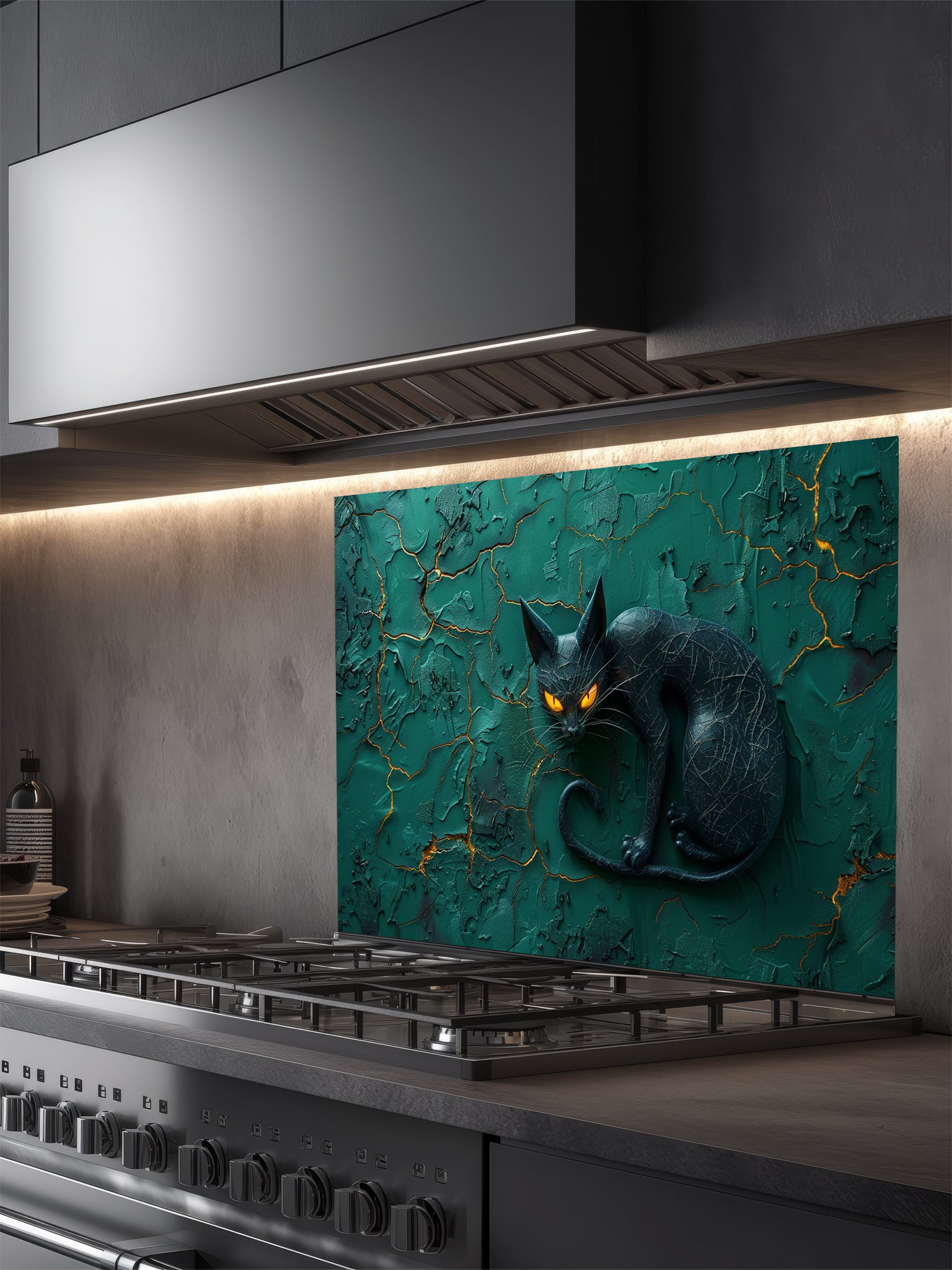 Tempered glass kitchen backsplash featuring a highly realistic 3D illusion of a sleek sculpted black cat with glowing orange eyes resting against a heavily textured emerald green plaster wall with golden kintsugi cracks, installed behind a modern black stove.