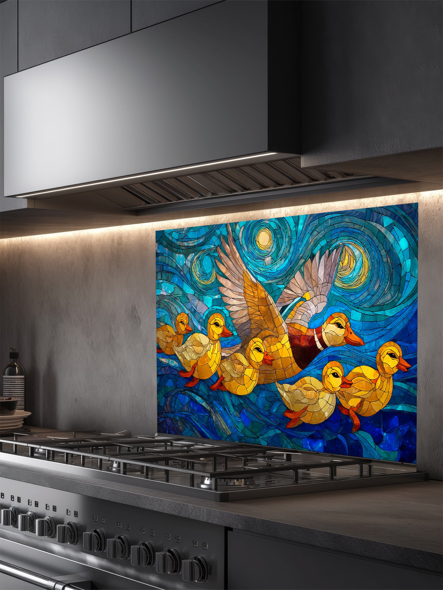 Tempered glass kitchen backsplash featuring a highly realistic 3D illusion of stained glass art showing a mallard duck and ducklings flying over swirling, Starry Night inspired blue water and glowing yellow accents, installed behind a modern stainless steel stove.