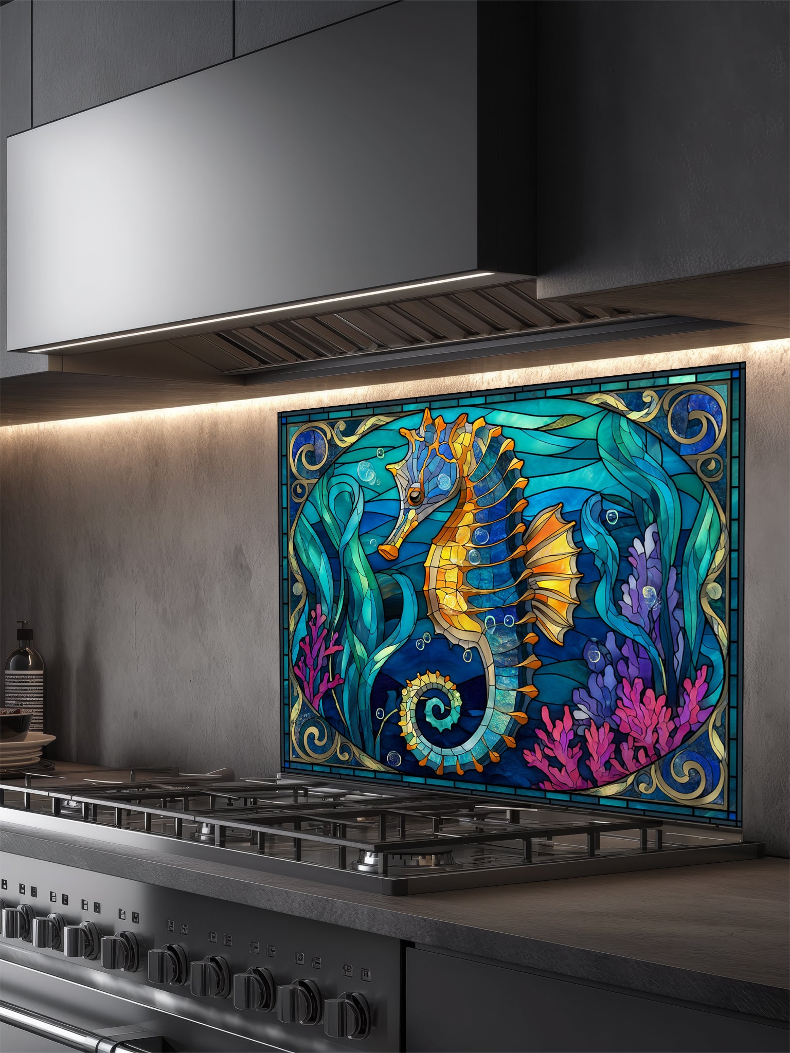 Faux stained glass pattern featuring a vibrant golden seahorse, magenta corals, and swirling turquoise ocean waves, UV printed on a smooth tempered glass kitchen backsplash.