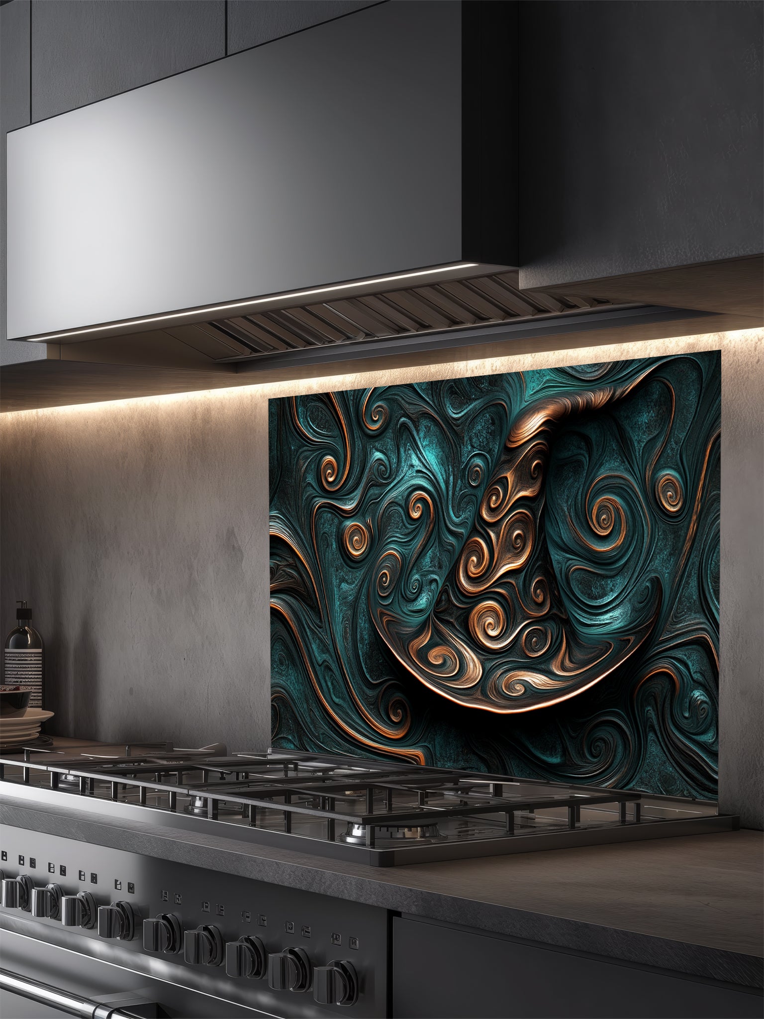 Tempered glass kitchen backsplash featuring a highly realistic 3D illusion of an abstract witch hat formed by smooth, mesmerizing fluid art and fractal swirls in deep teal and metallic copper, installed behind a modern black stove.