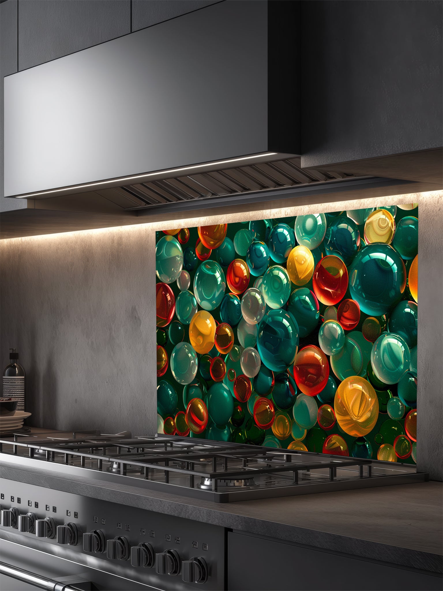 Faux 3D effect colorful translucent glass orbs and bubbles in jewel tones, UV printed on a smooth tempered glass kitchen backsplash, installed behind a modern stove.