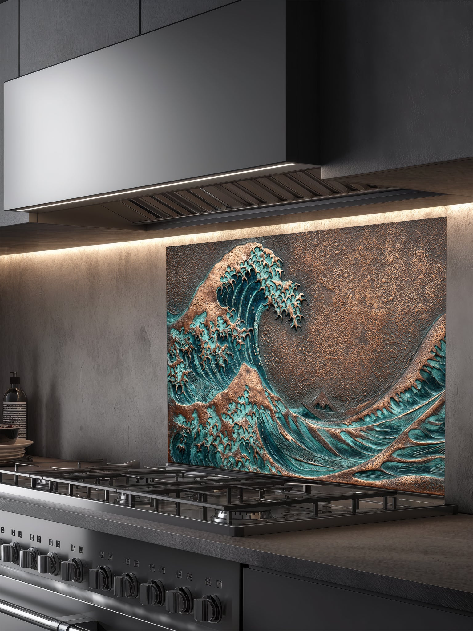 Faux 3D sculpted oxidized copper and bronze relief of the Great Wave off Kanagawa, featuring rich teal patina, UV printed on a smooth tempered glass kitchen backsplash.