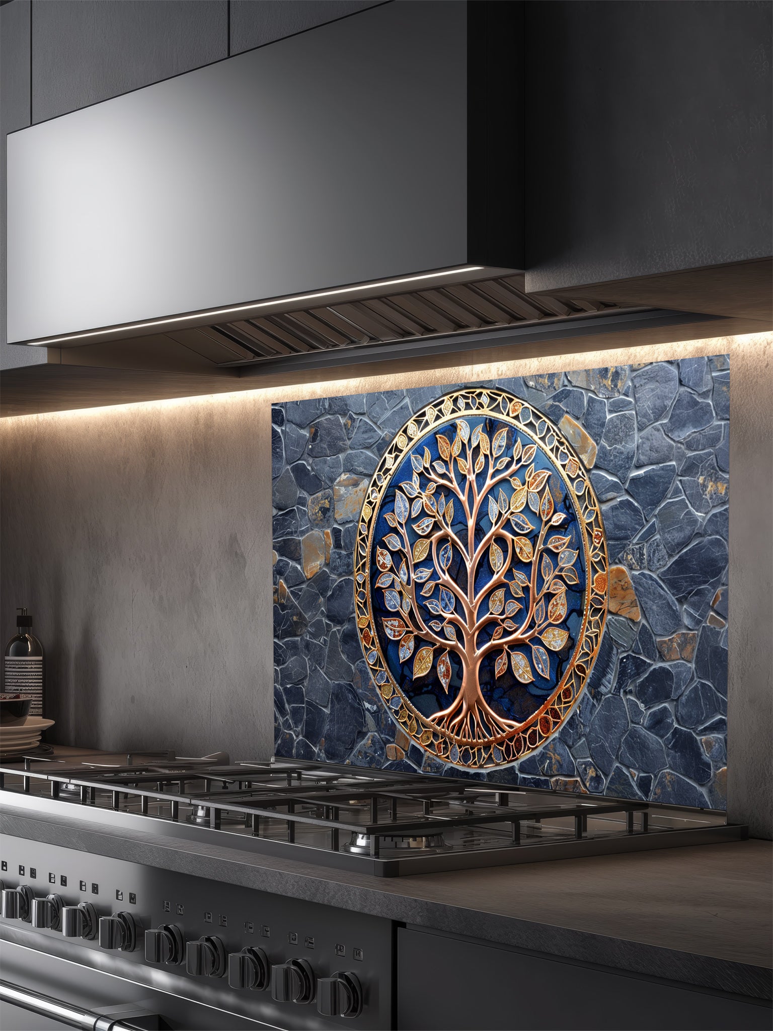 Decorative glass splashback with tree design in a modern kitchen