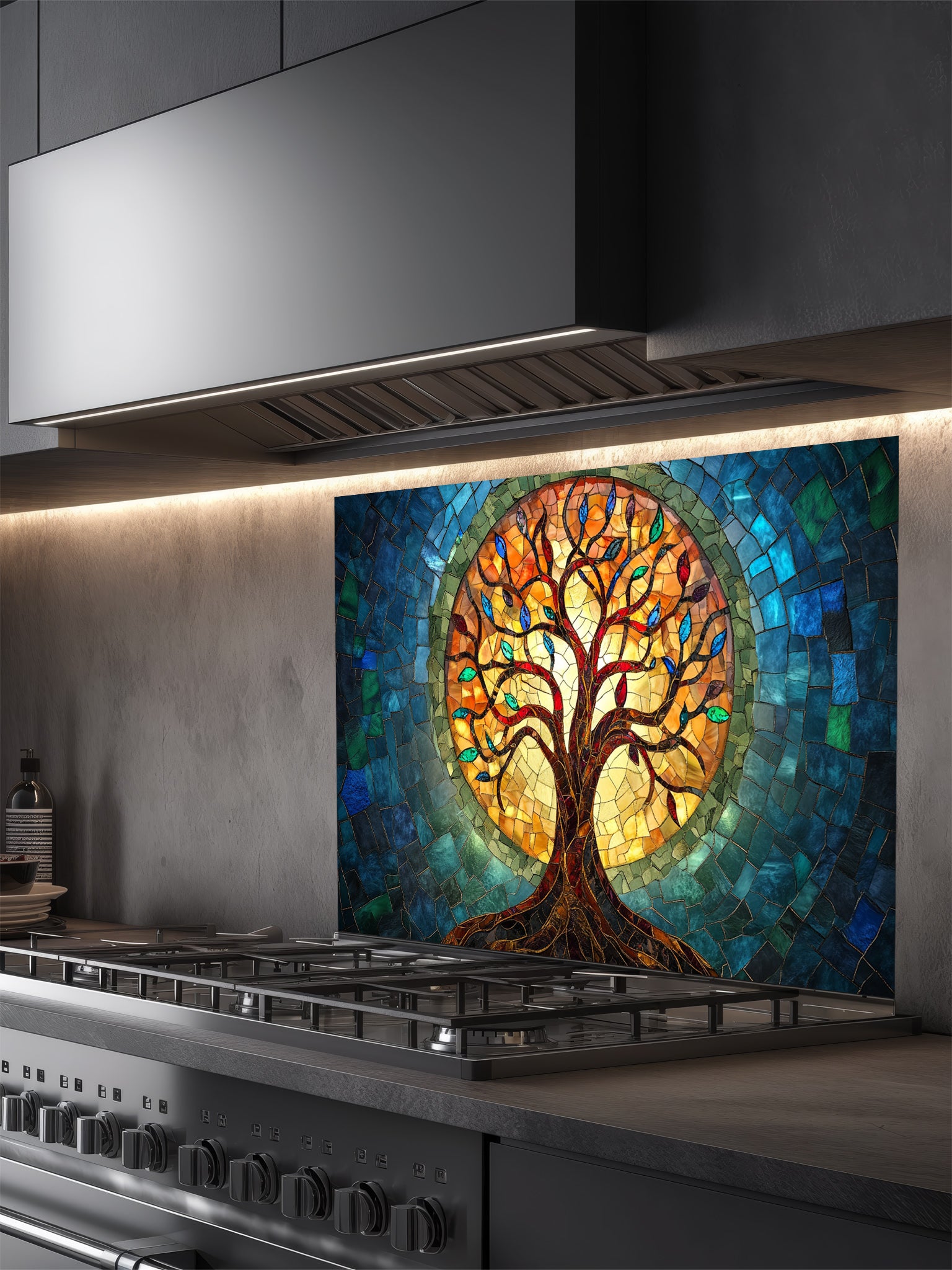 Stained glass mosaic style Tree of Life with vibrant blue, teal, and glowing amber colors, UV printed on a smooth tempered glass kitchen backsplash, installed behind a modern stove.