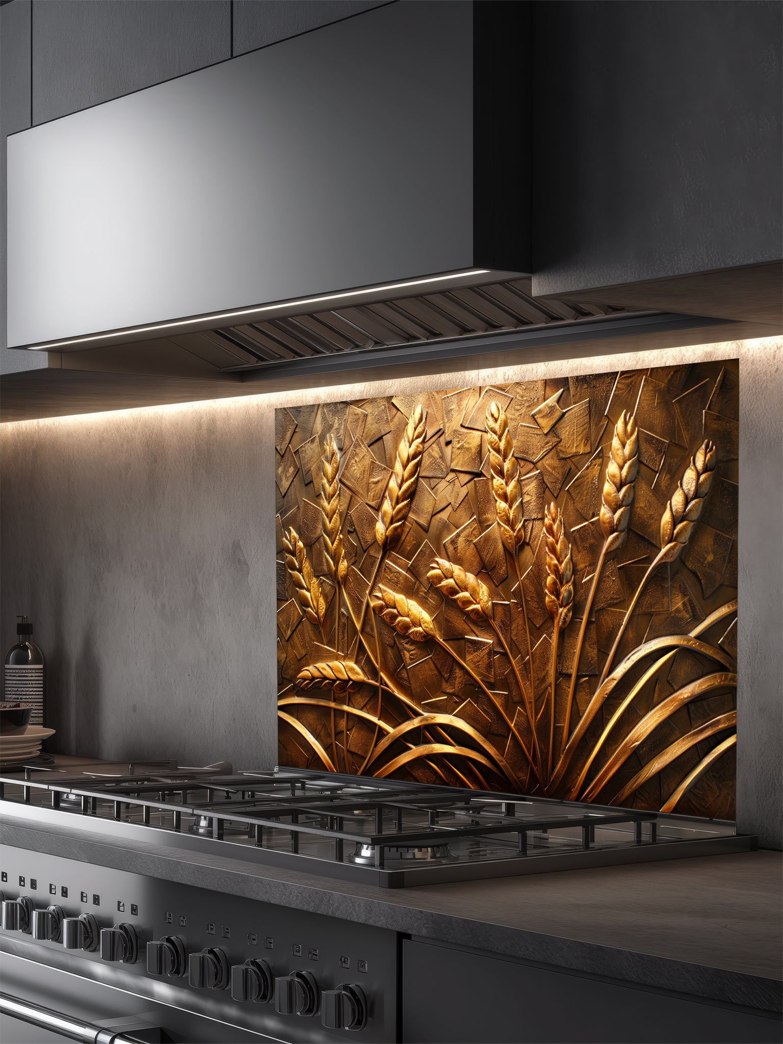 Faux 3D effect carved bronze and gold wheat stalks on a textured metallic background, UV printed on a smooth tempered glass kitchen backsplash, installed behind a modern stove.