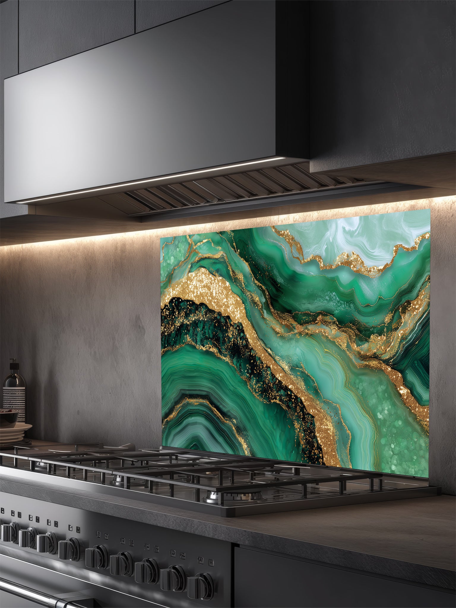 Tempered glass kitchen backsplash featuring a highly realistic illusion of emerald green and gold agate fluid art with faux glitter veins, installed behind a modern stainless steel stove.