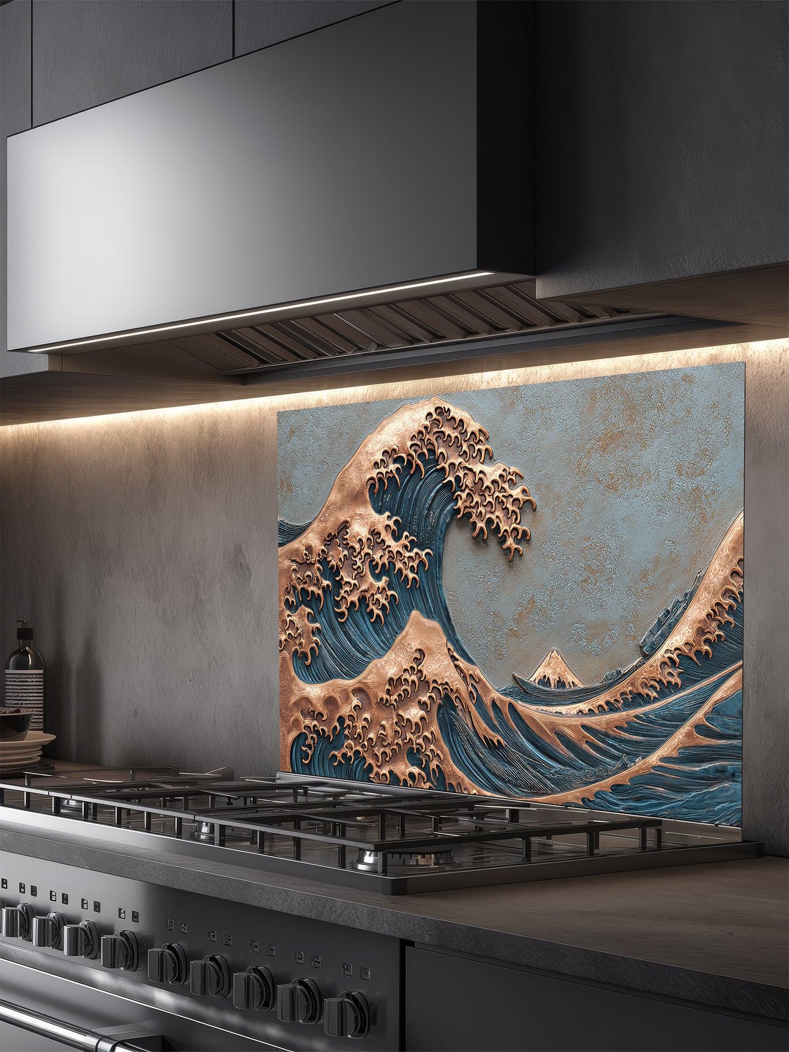 Tempered glass kitchen backsplash featuring a highly realistic 3D faux metal relief design of the Great Wave off Kanagawa, showcasing a striking contrast between deep blue water textures and embossed copper wave crests, installed behind a modern stainless steel stove.