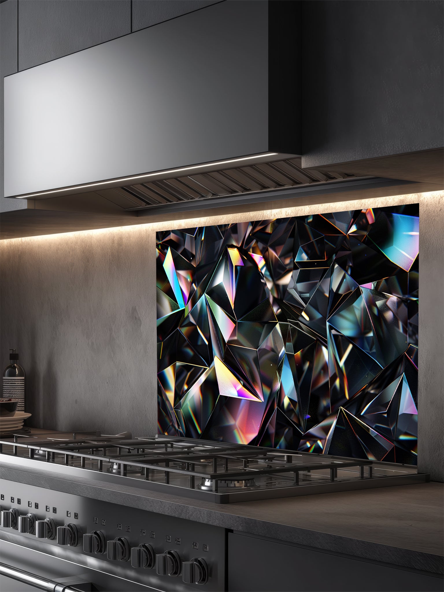 Faux 3D effect dark geometric crystal facets with iridescent rainbow edges, UV printed on a smooth tempered glass kitchen backsplash, installed behind a modern stove.