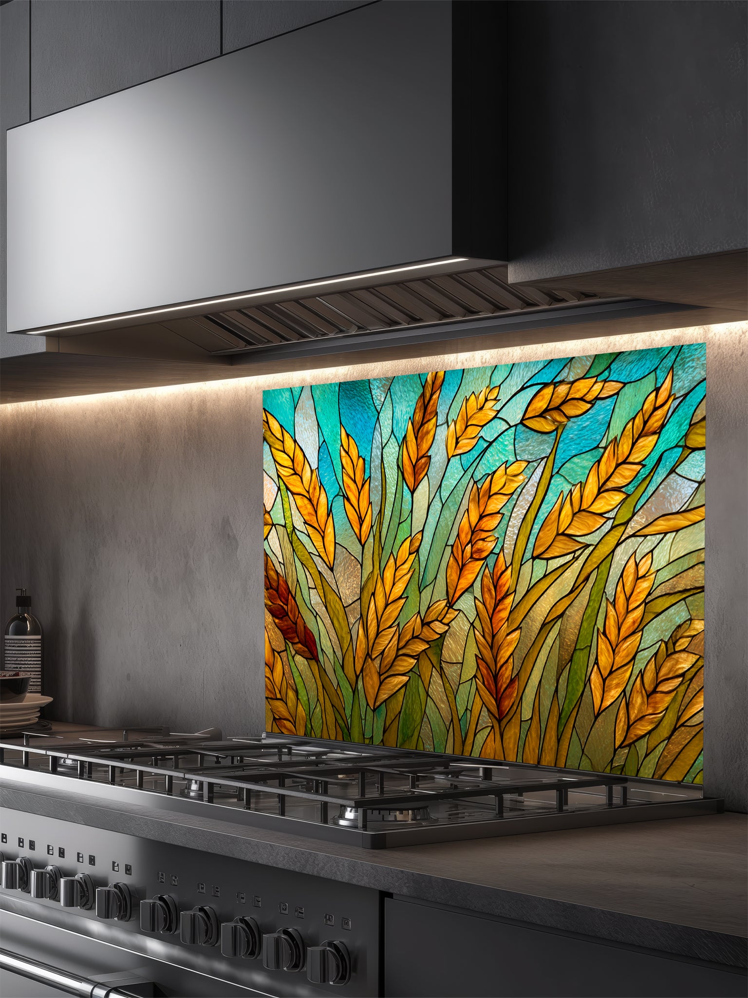 Tempered glass kitchen backsplash featuring a highly realistic 3D illusion of stained glass art showing golden amber wheat stalks swaying against a vibrant teal and turquoise sky with black faux lead lines, installed behind a modern black stove.
