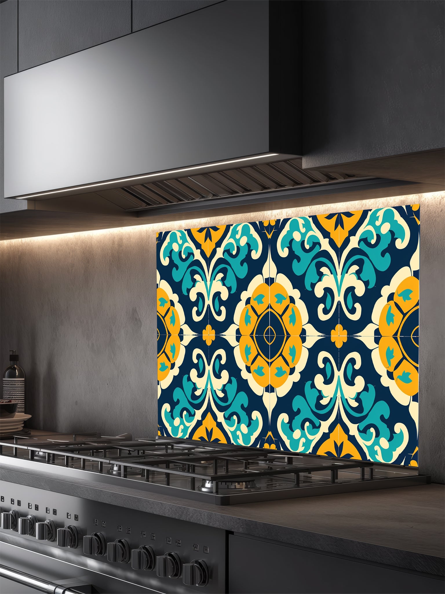 Tempered glass kitchen backsplash featuring a highly realistic illusion of traditional Moroccan or Spanish tiles, showcasing an intricate geometric floral pattern in deep navy blue, vibrant teal, and mustard yellow, installed behind a modern black stove.