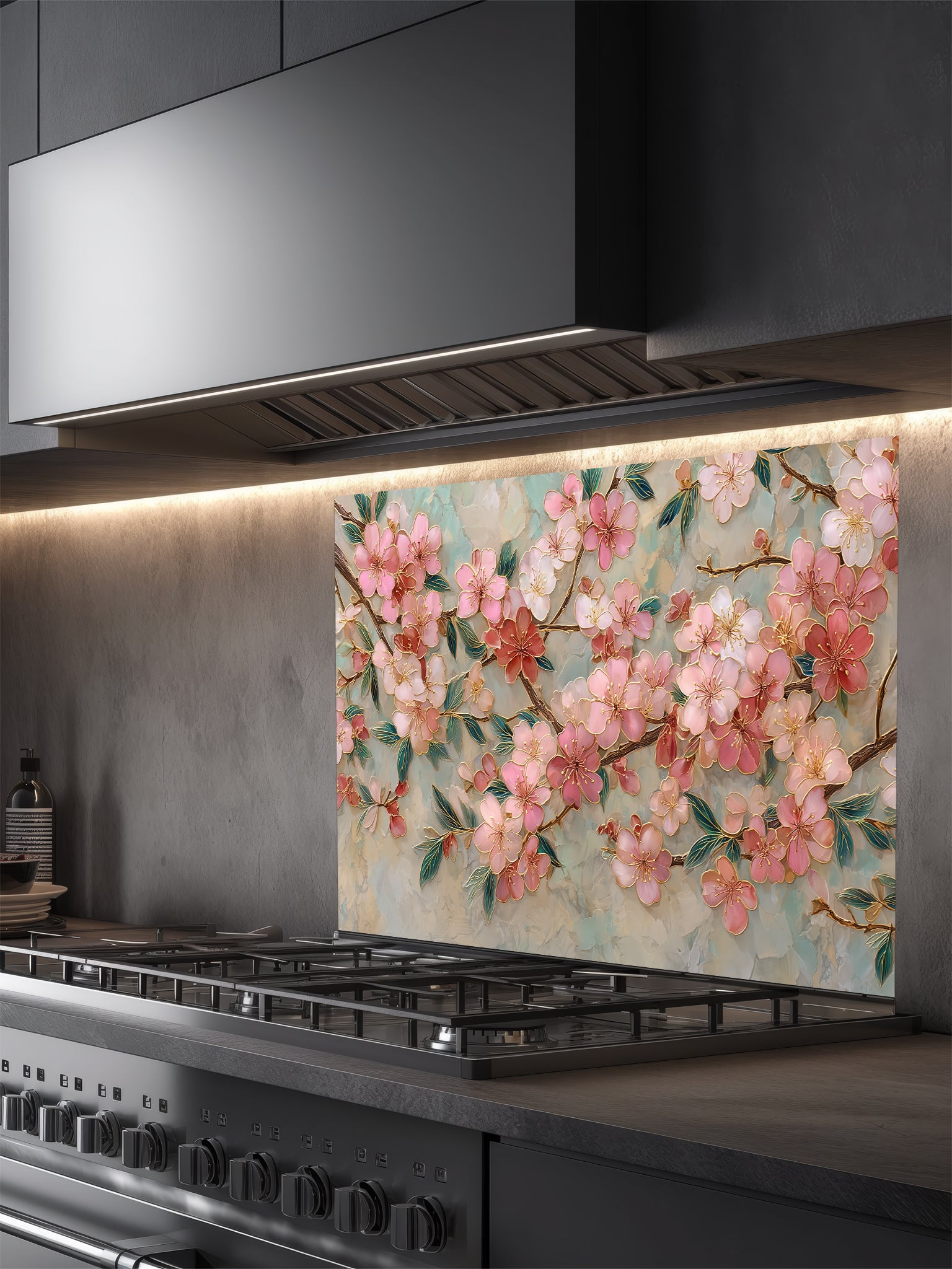 Faux 3D effect glossy pink cherry blossom branches with golden metallic outlines on a soft teal marble background, UV printed on a smooth tempered glass kitchen backsplash.