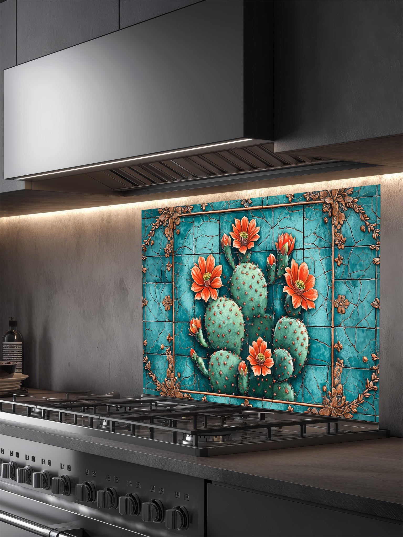 Faux vintage cracked turquoise tile featuring a blooming prickly pear cactus with orange flowers, UV printed on a smooth tempered glass kitchen backsplash, installed behind a modern stove.