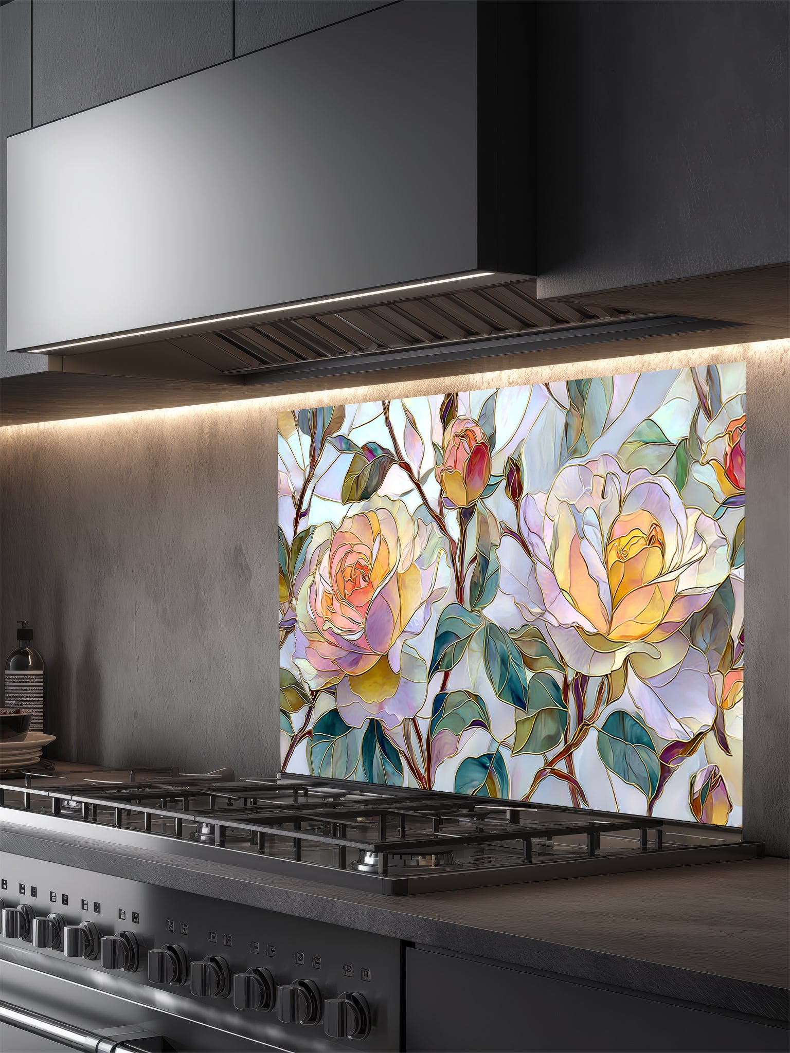 Tempered glass kitchen backsplash featuring a highly realistic 3D illusion of stained glass and watercolor art showing large, delicate blooming roses in pastel yellow, peach, and blush pink with teal green leaves, installed behind a modern black stove.