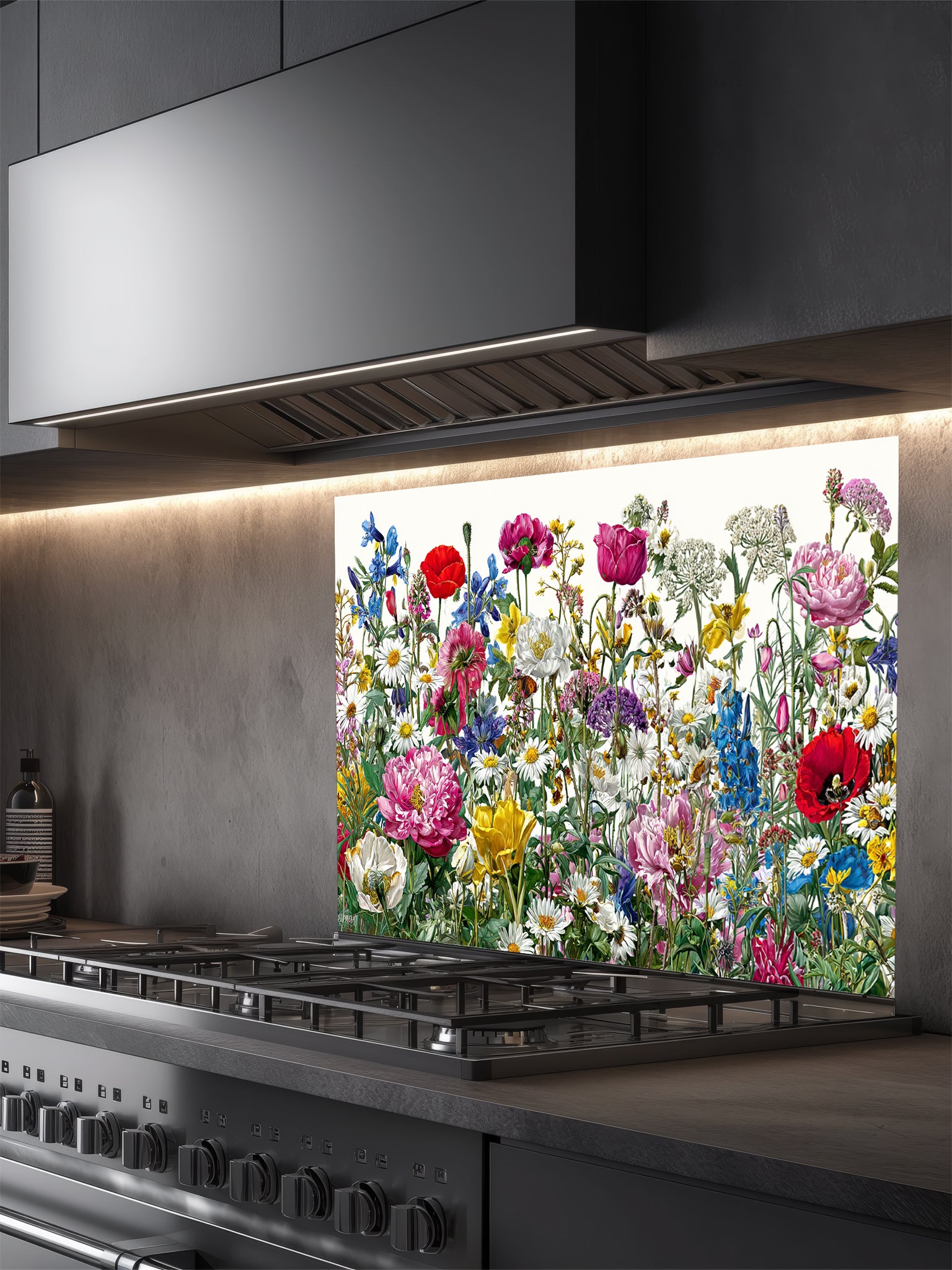 Vibrant spring meadow pattern featuring colorful wildflowers, red poppies, and daisies on a crisp white background, UV printed on a smooth tempered glass kitchen backsplash.