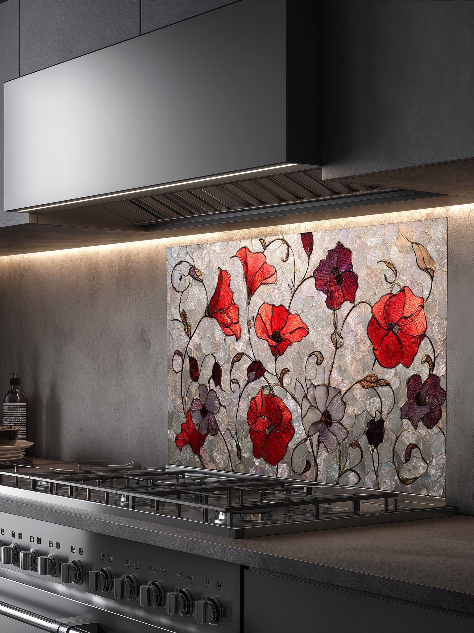 Tempered glass kitchen backsplash featuring a faux stained glass design of vibrant red and purple poppy flowers with elegant curving stems against a textured silver mosaic background, installed behind a modern stainless steel stove.