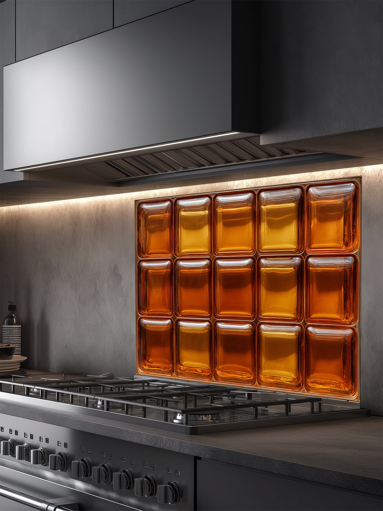 Tempered glass kitchen backsplash featuring a highly realistic 3D illusion of textured retro glass blocks in glowing, warm shades of amber and honey gold, installed behind a modern stainless steel stove.