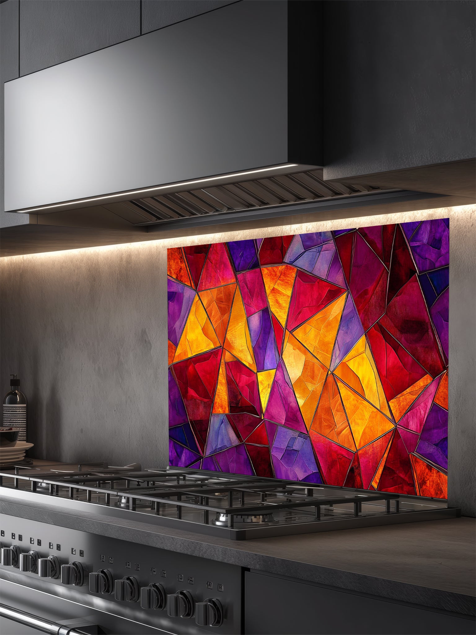 Tempered glass kitchen backsplash featuring a highly realistic illusion of abstract geometric stained glass with asymmetrical shards in vibrant, warm jewel tones of ruby red, magenta, amethyst, and amber, installed behind a modern black stove.