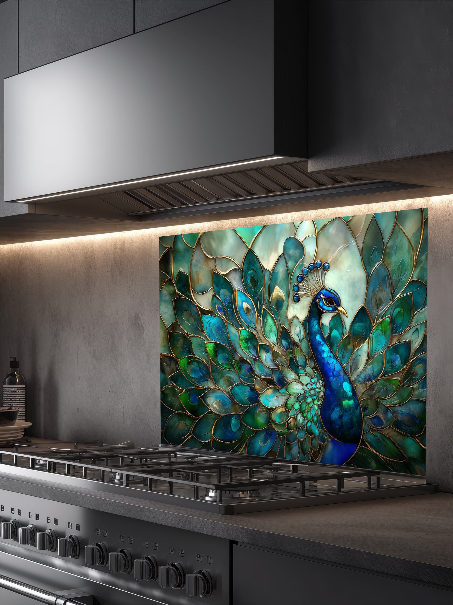 Tempered glass kitchen backsplash featuring a highly realistic 3D illusion of Art Nouveau stained glass showing a magnificent peacock with flowing teal, emerald, and sapphire feathers outlined in gold, installed behind a modern stainless steel stove.