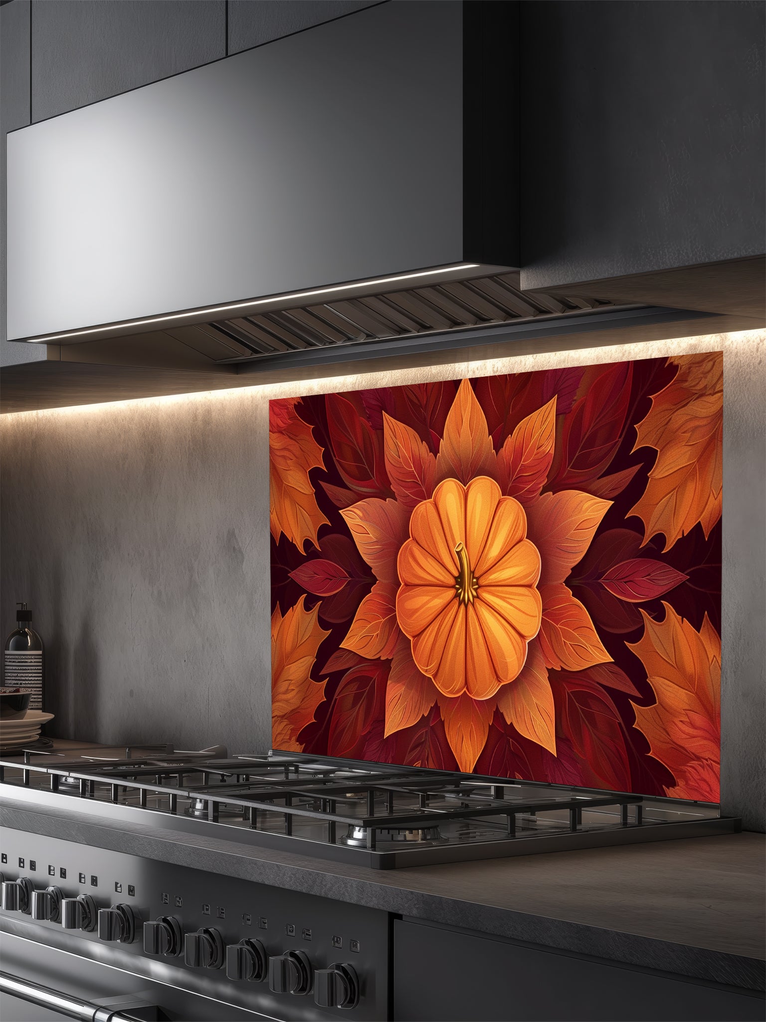 Faux 3D effect symmetrical pumpkin mandala surrounded by rich orange and burgundy autumn leaves, UV printed on a smooth tempered glass kitchen backsplash.