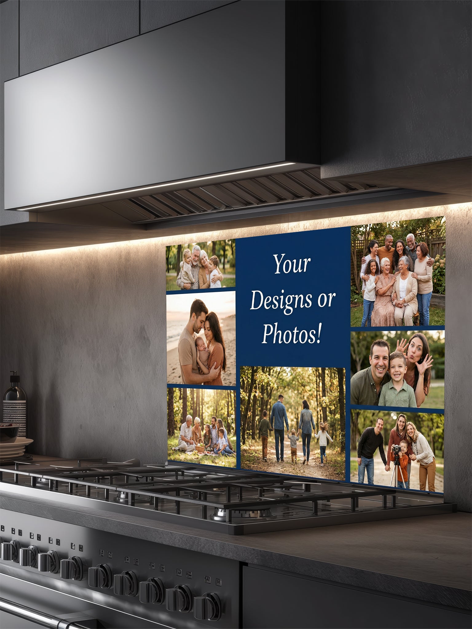 Tempered glass kitchen backsplash showcasing a custom 'Your Photo or Design' mockup featuring a family reading by a fireplace, installed behind a modern stainless steel stove.