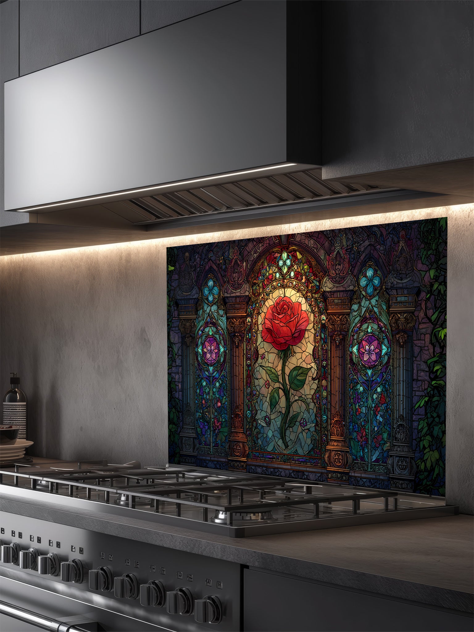 Stained glass style vibrant red rose framed by Gothic architectural arches in rich jewel tones, UV printed on a smooth tempered glass kitchen backsplash, installed behind a modern stove.