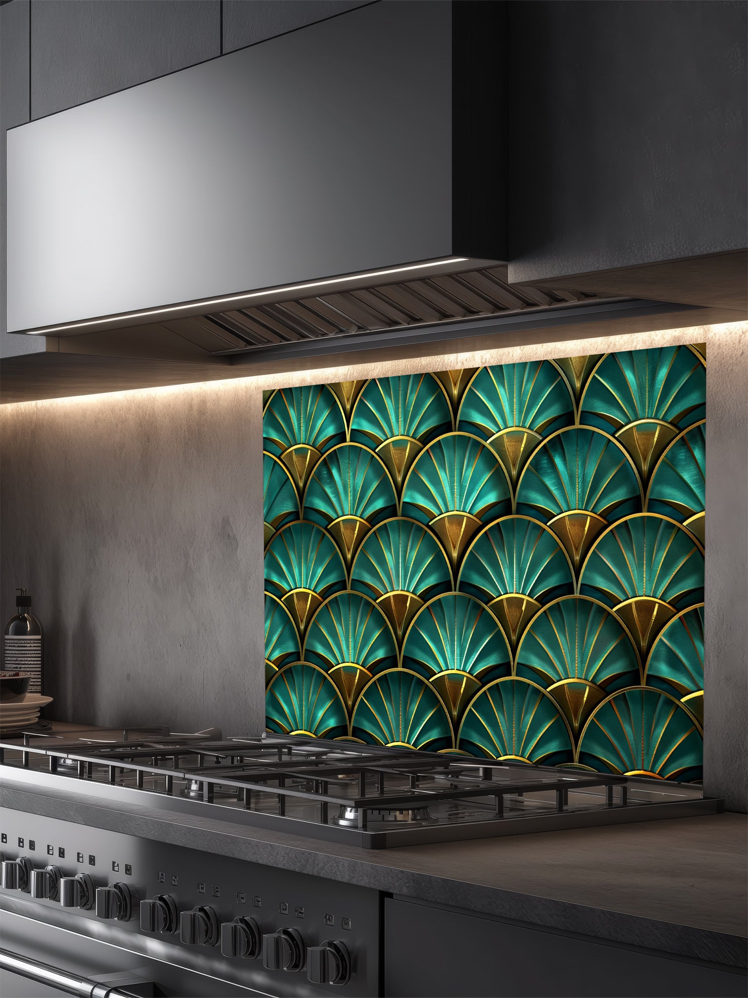Tempered glass kitchen backsplash featuring a highly realistic 3D illusion of an Art Deco geometric scalloped fan pattern in luxurious teal and faux gold, installed behind a modern stainless steel stove.