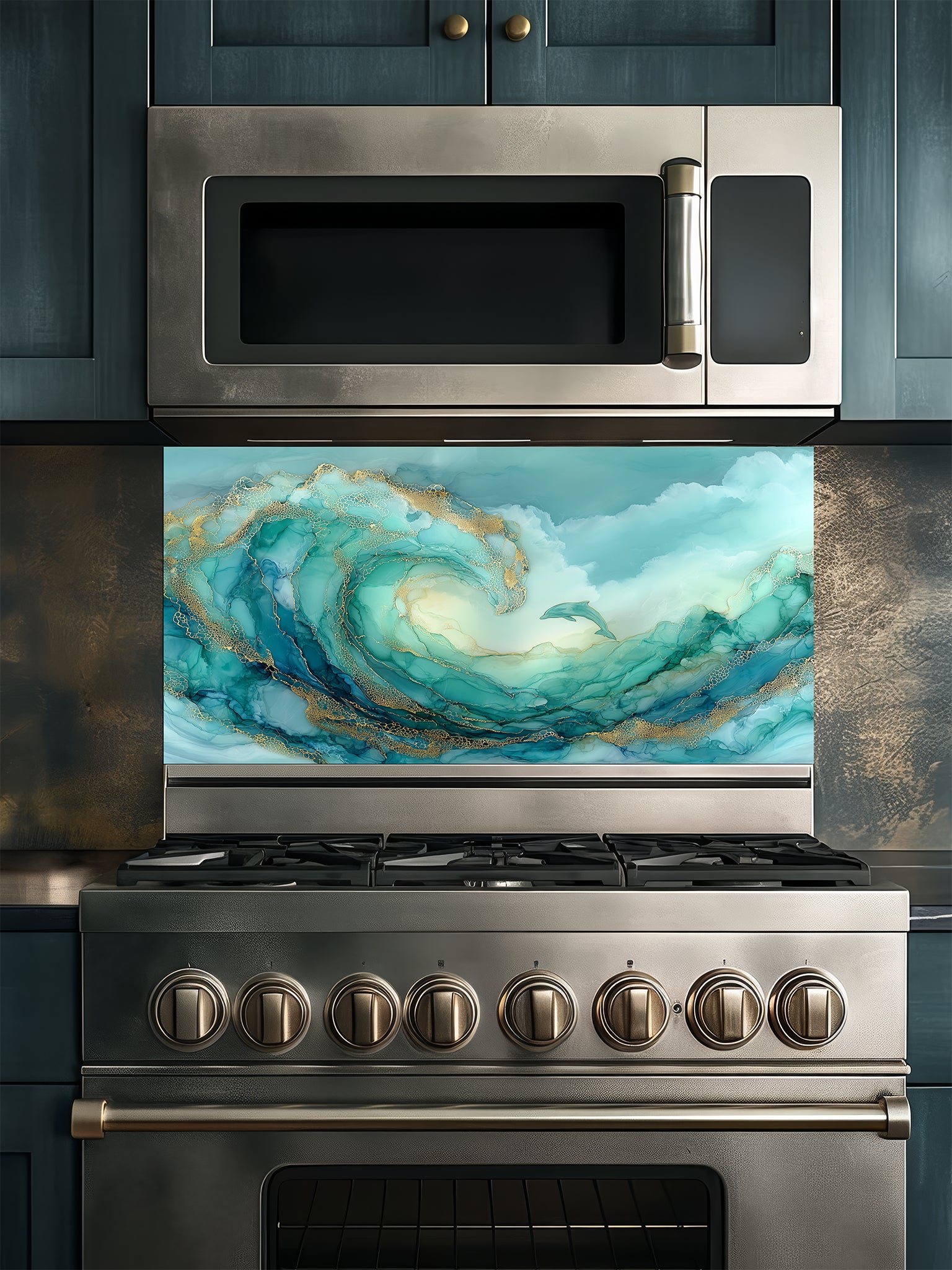 Tempered glass kitchen backsplash featuring a vibrant teal and gold abstract alcohol ink ocean wave with a small jumping dolphin, installed behind a modern stainless steel stove.