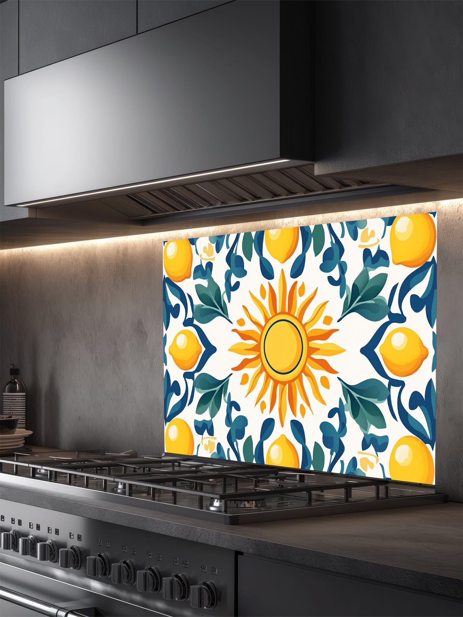 Vibrant Mediterranean Majolica style tile pattern featuring a central sun, yellow lemons, and teal leaves, UV printed on a smooth tempered glass kitchen backsplash.