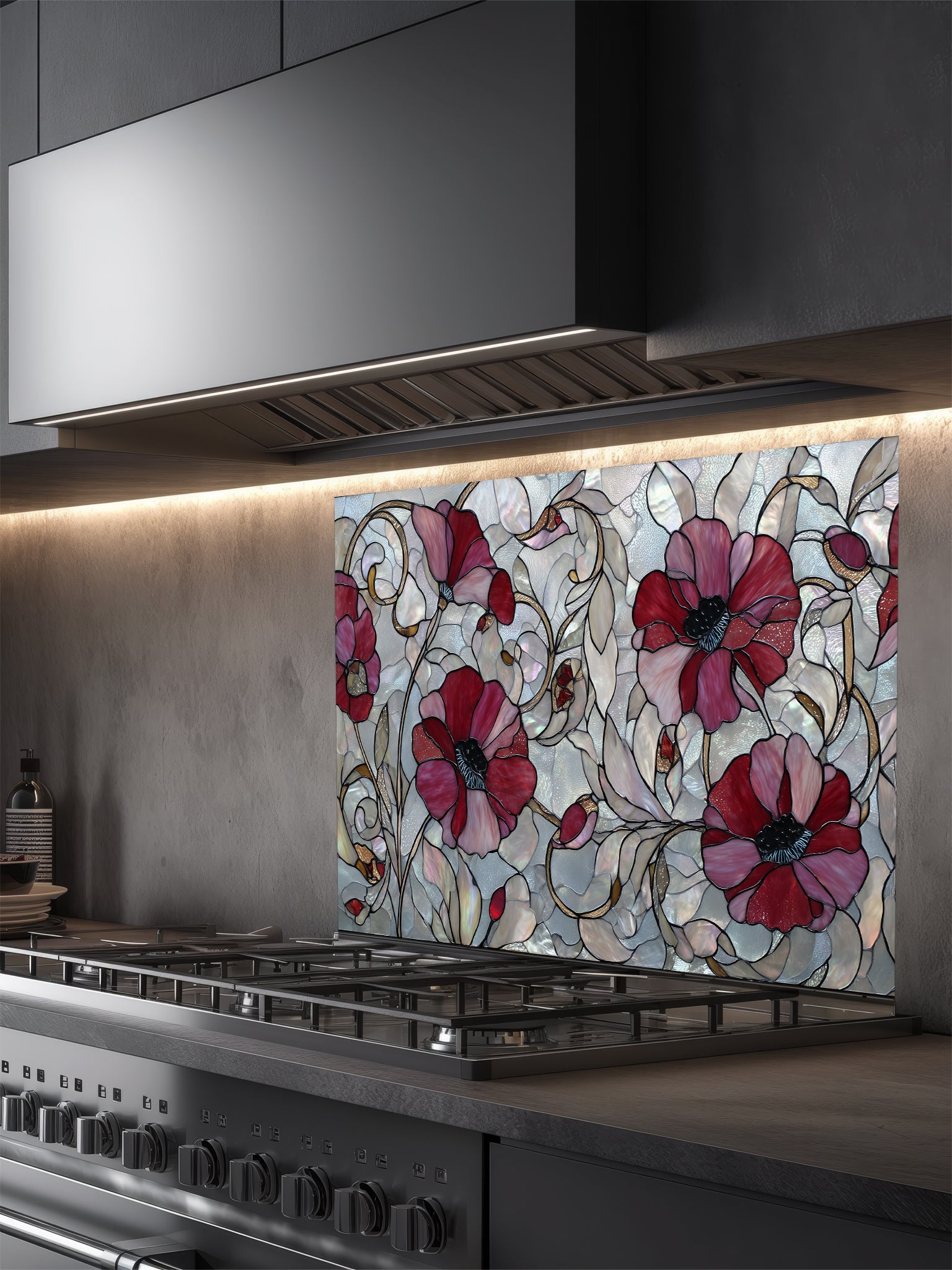 Faux stained glass pattern featuring deep crimson red poppy flowers and swirling vines against an iridescent mother-of-pearl mosaic background, UV printed on a smooth tempered glass kitchen backsplash.