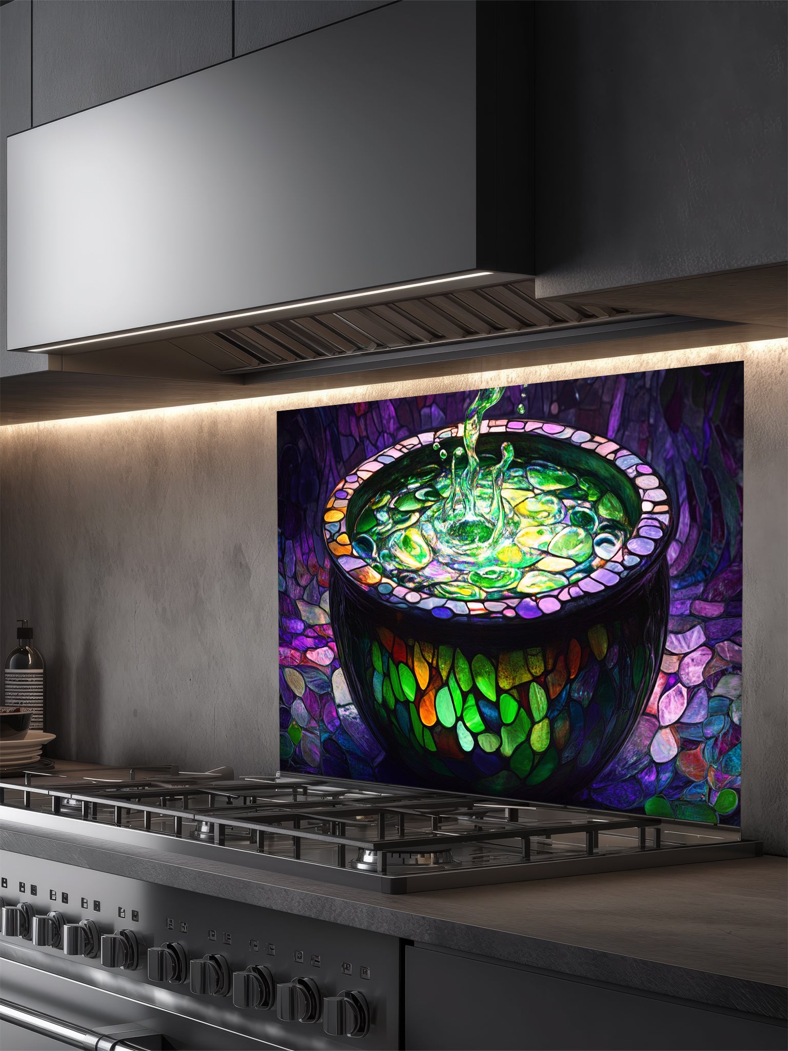 Tempered glass kitchen backsplash featuring a highly realistic 3D illusion of stained glass and mosaic art showing a dark magical cauldron filled with a splashing, glowing neon green potion against a deep purple cobblestone background, installed behind a modern stainless steel stove.