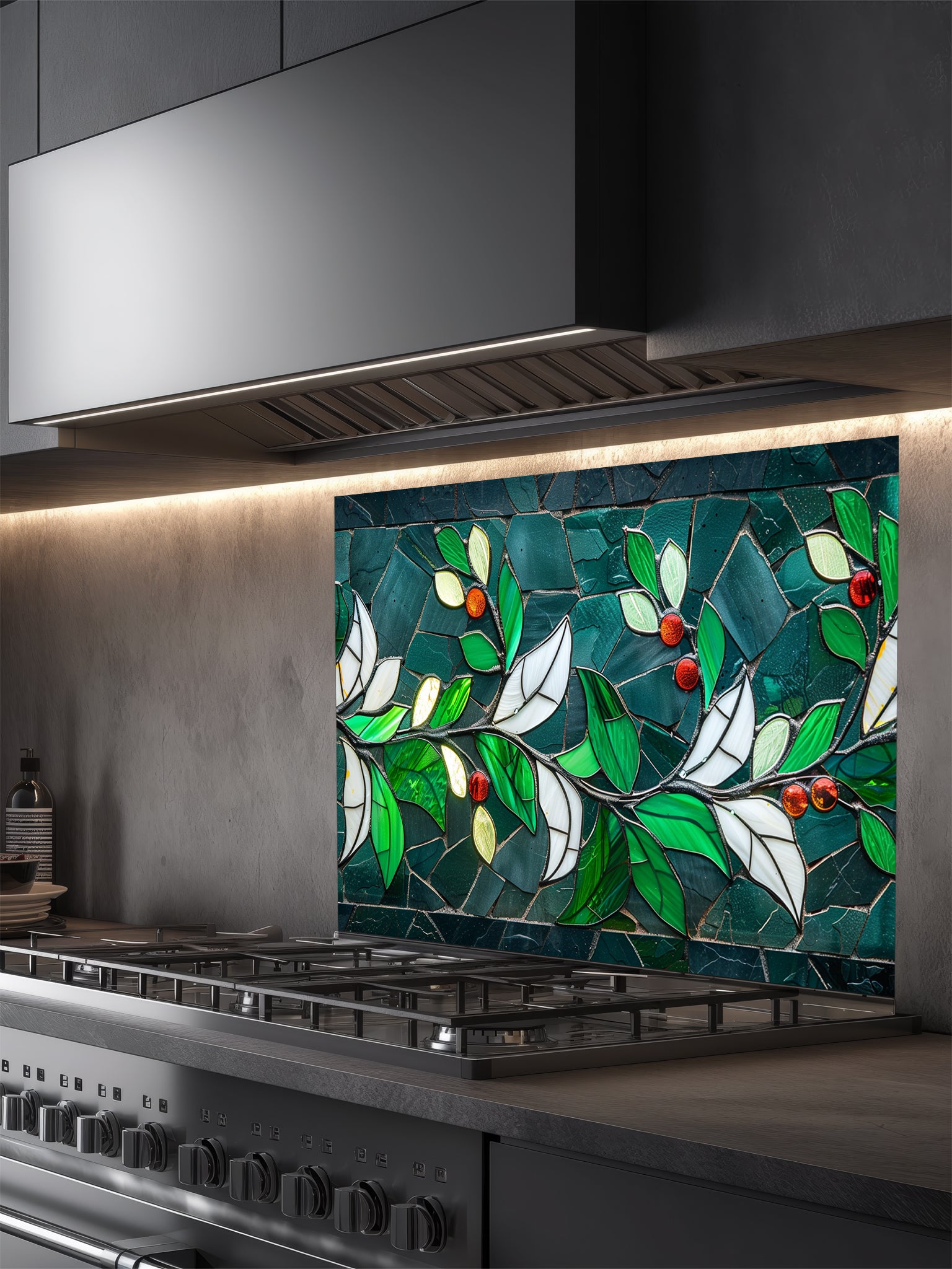 Tempered glass kitchen backsplash featuring a highly realistic 3D illusion of stained glass and mosaic art showing a graceful branch with vibrant emerald green and white leaves and glowing red berries against a dark teal background, installed behind a modern black stove.