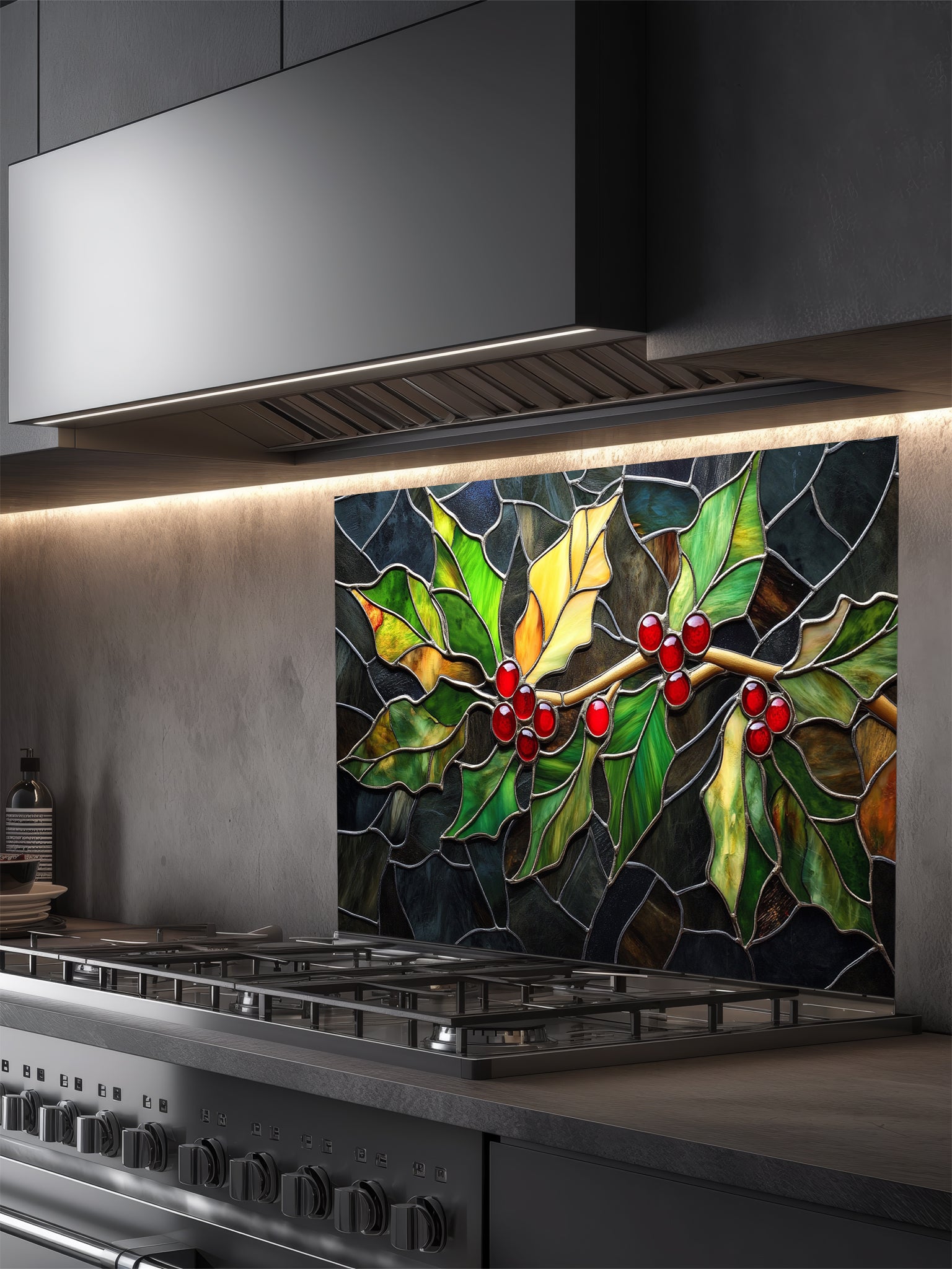 Tempered glass kitchen backsplash featuring a highly realistic 3D illusion of stained glass art showing a winter branch with vibrant green and yellow holly leaves and glowing red berries against a dark textured background, installed behind a modern black stove.