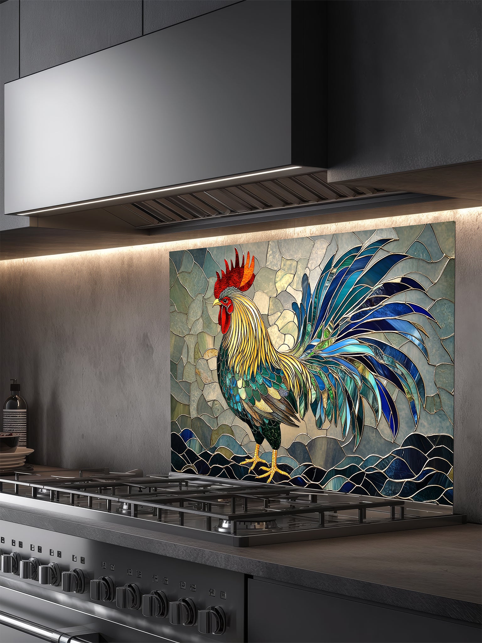Tempered glass kitchen backsplash featuring a vibrant faux stained glass design of a majestic rooster in rich blues, greens, yellows, and reds, installed behind a modern stainless steel stove.