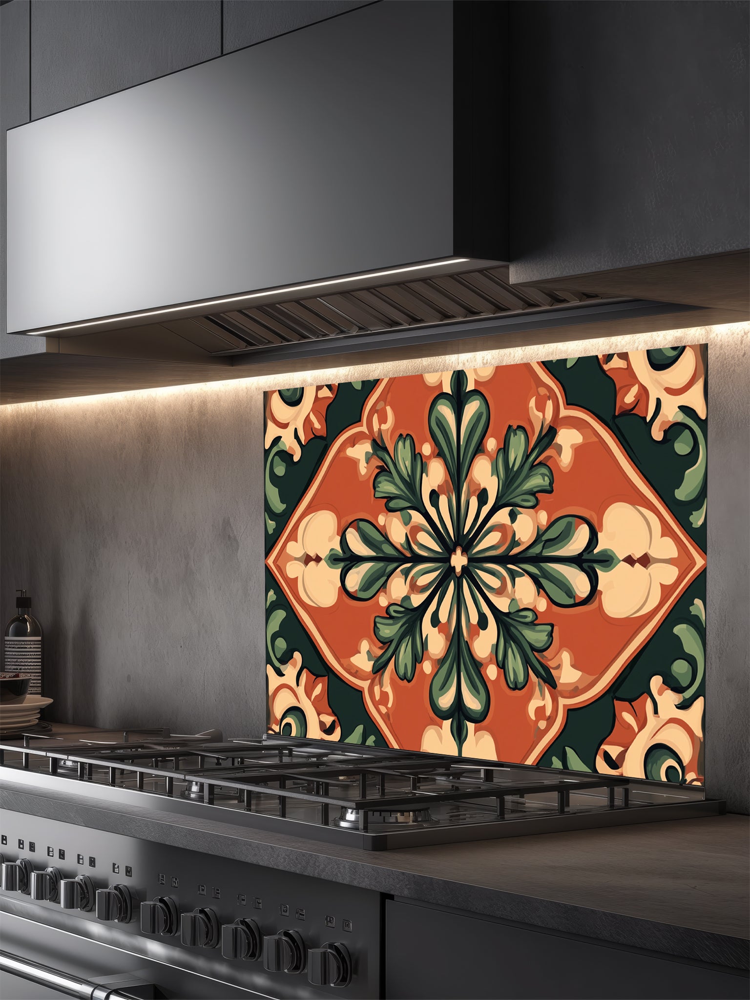 Large vintage style Spanish floral medallion tile mural in terracotta, olive green, and cream, UV printed on a smooth tempered glass kitchen backsplash.