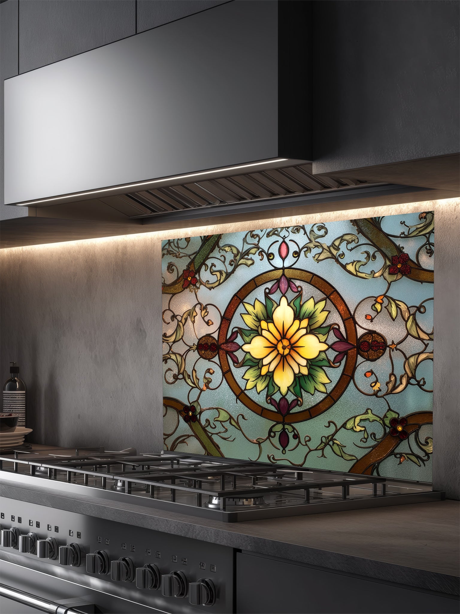 Tempered glass kitchen backsplash featuring a highly realistic 3D illusion of vintage stained glass, showcasing a glowing yellow floral medallion surrounded by green vines and red accents against a frosted blue background, installed behind a modern stainless steel stove.