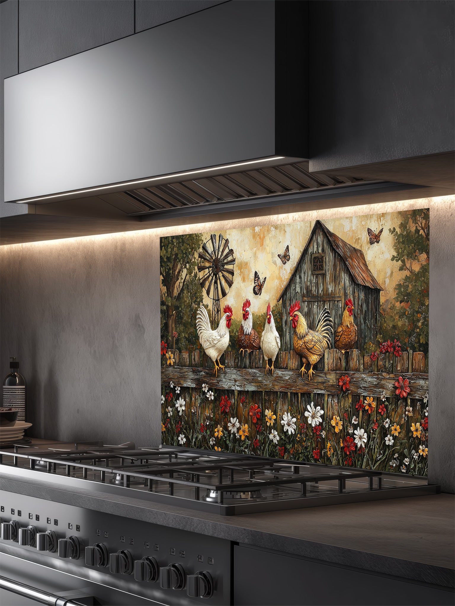 Tempered glass kitchen backsplash featuring a rustic painting of roosters and chickens perched on a wooden fence above colorful wildflowers, with a vintage barn and windmill in the background, installed behind a modern stainless steel stove.