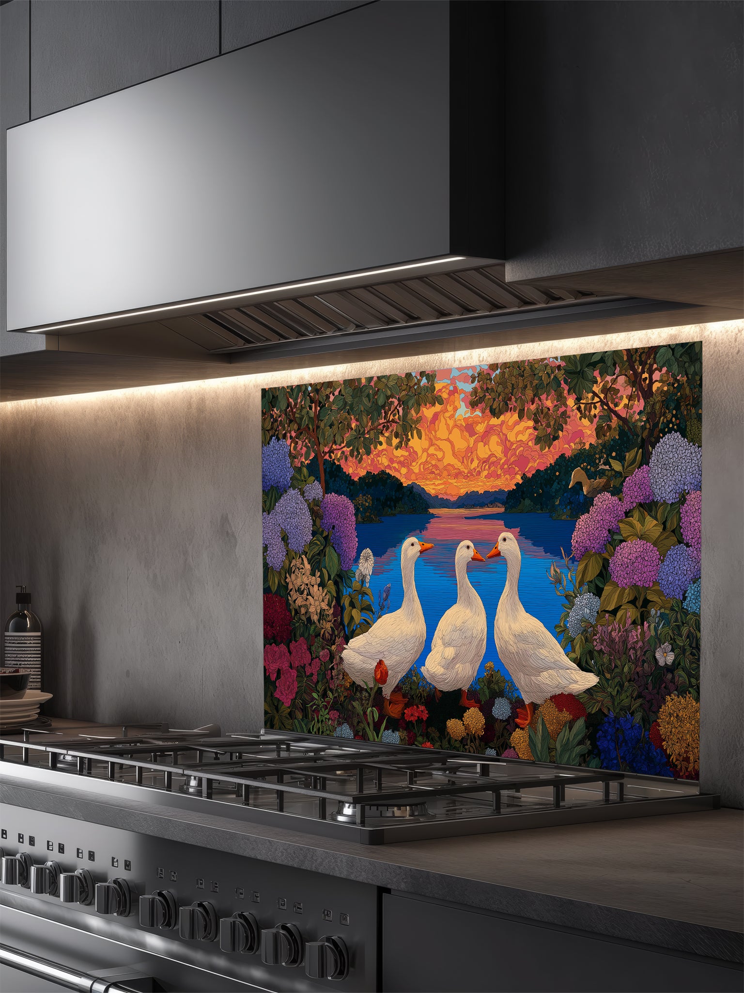 Vintage style illustration of three white ducks by a calm lake at sunset, framed by lush hydrangeas and wildflowers, UV printed on a smooth tempered glass kitchen backsplash.