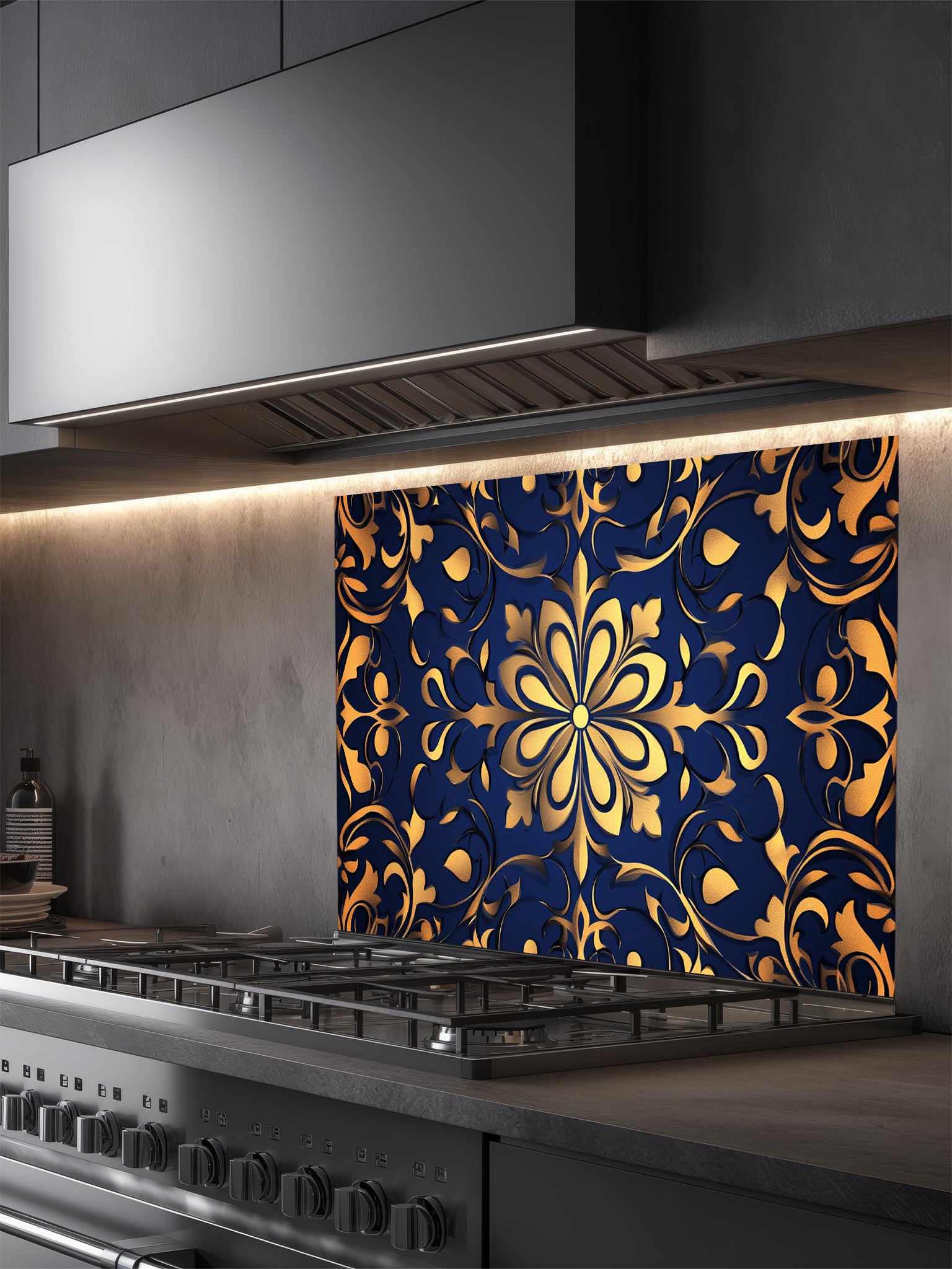 Elegant faux embossed gold damask floral mandala pattern on a deep midnight navy blue background, UV printed on a smooth tempered glass kitchen backsplash.