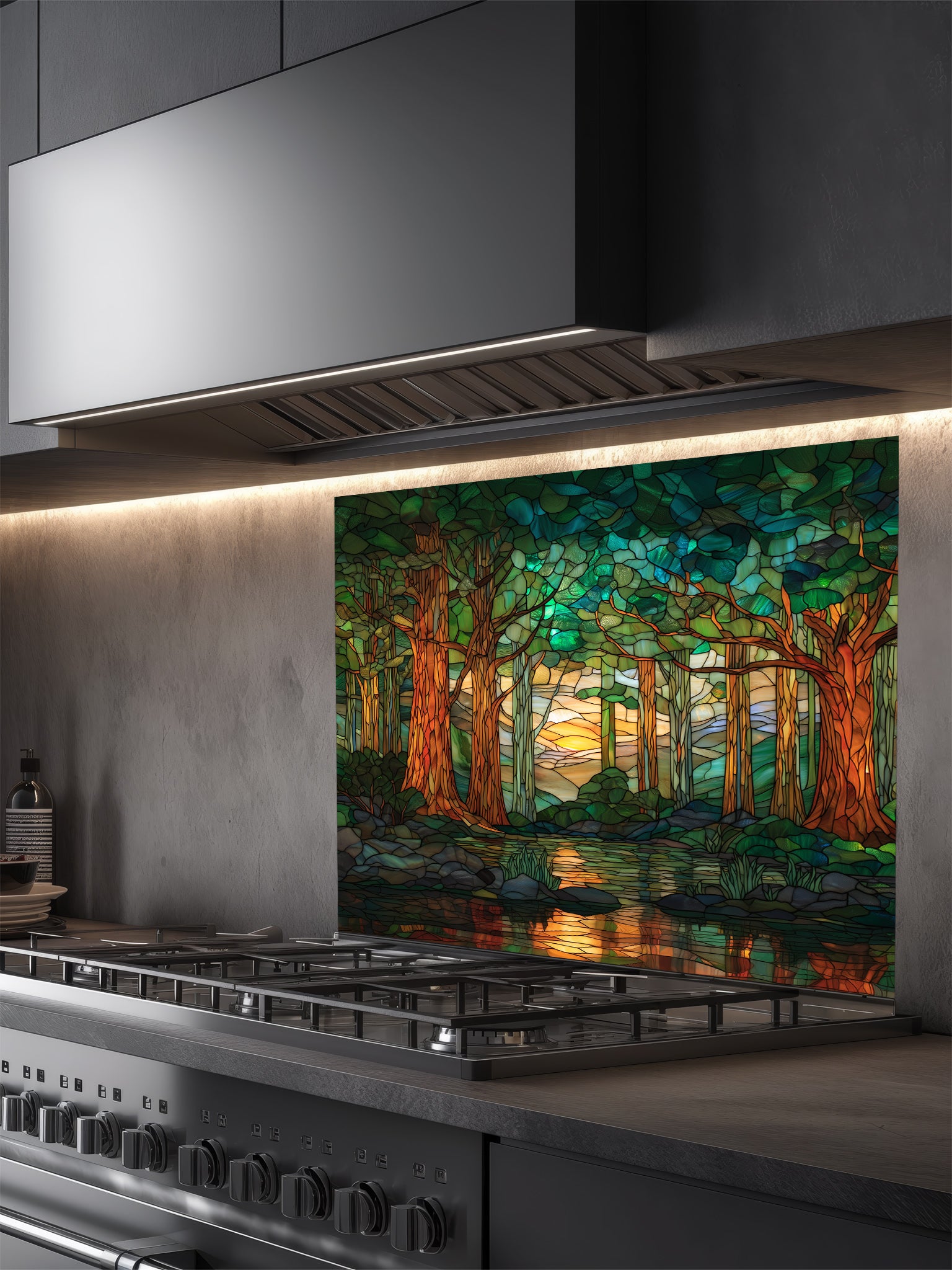 A modern kitchen featuring a tempered glass backsplash with a beautiful stained glass effect landscape, showcasing a lush green forest, tall trees, and a tranquil river at sunset, installed behind a modern black stove.