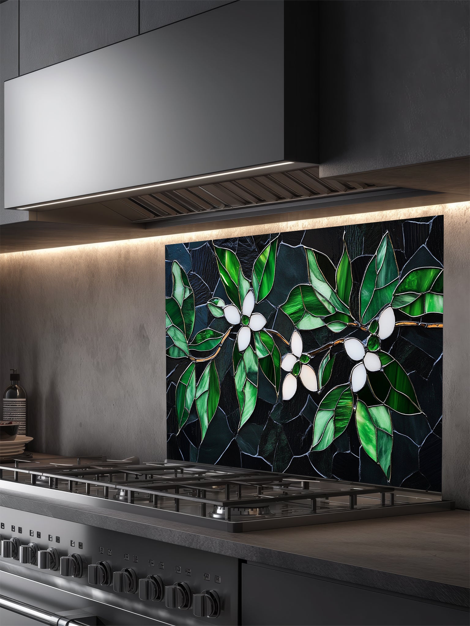 Tempered glass kitchen backsplash featuring a highly realistic 3D illusion of stained glass and cracked mosaic art showing delicate white blossoms and vibrant emerald green leaves gracefully sprawling across a dark, moody charcoal and black background, installed behind a modern black stove.