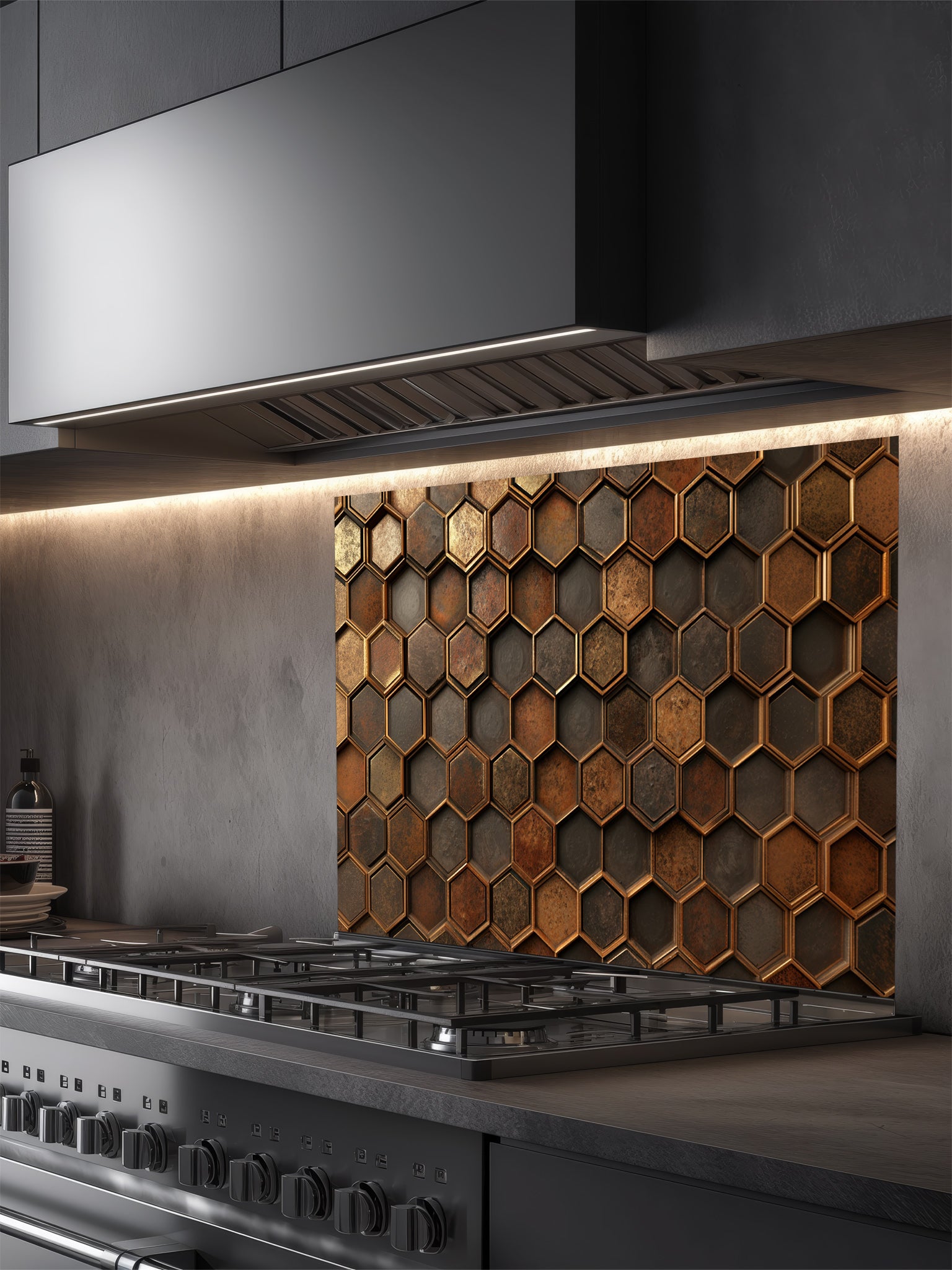 Faux 3D effect weathered and rusted metal hexagon tiles in copper and iron tones, UV printed on a smooth tempered glass kitchen backsplash, installed behind a modern stove.