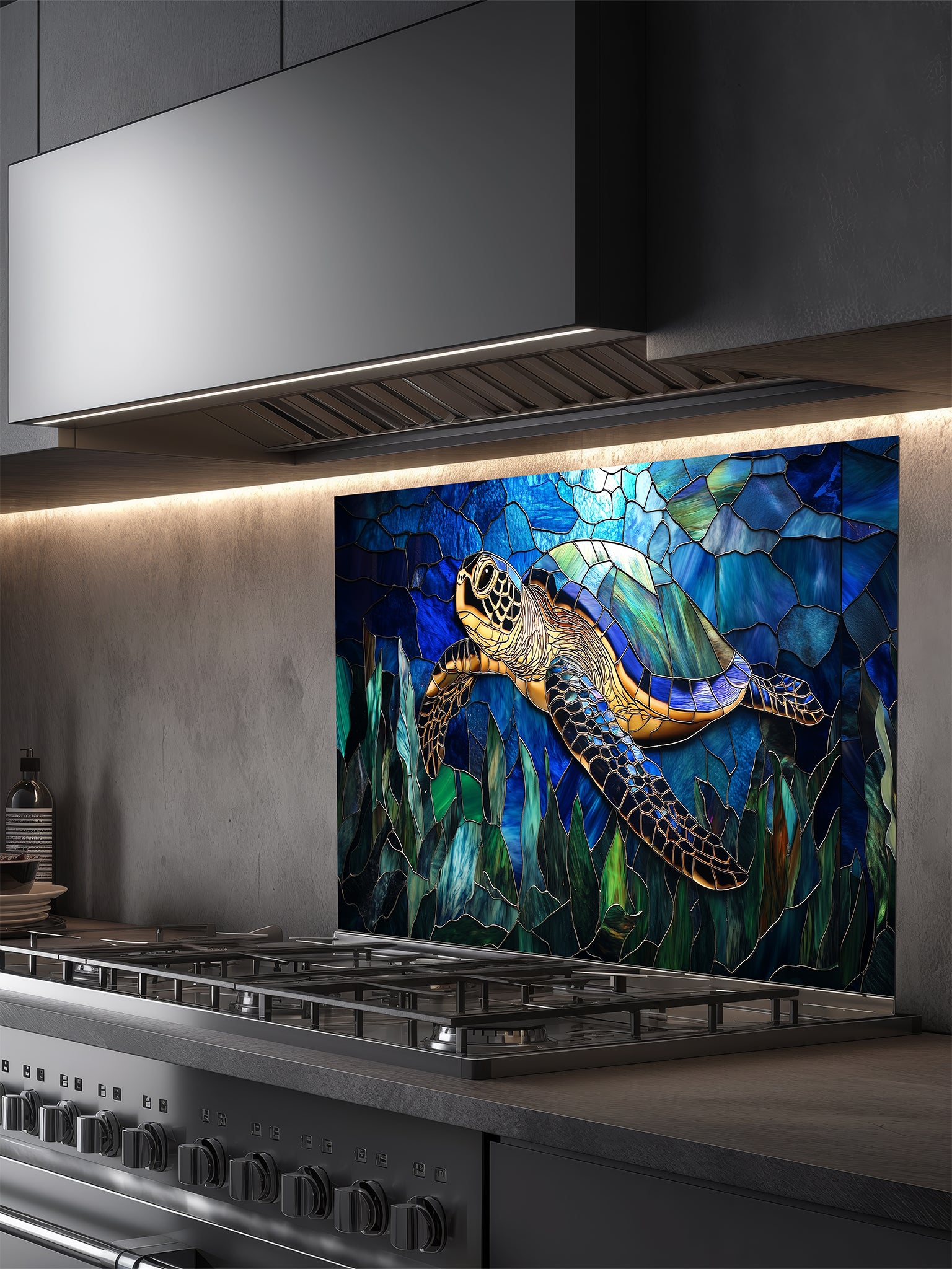Tempered glass kitchen backsplash featuring a vibrant faux stained glass design of a graceful sea turtle swimming against a luminous blue sunlit ocean and cracked mosaic background, installed behind a modern stainless steel stove.
