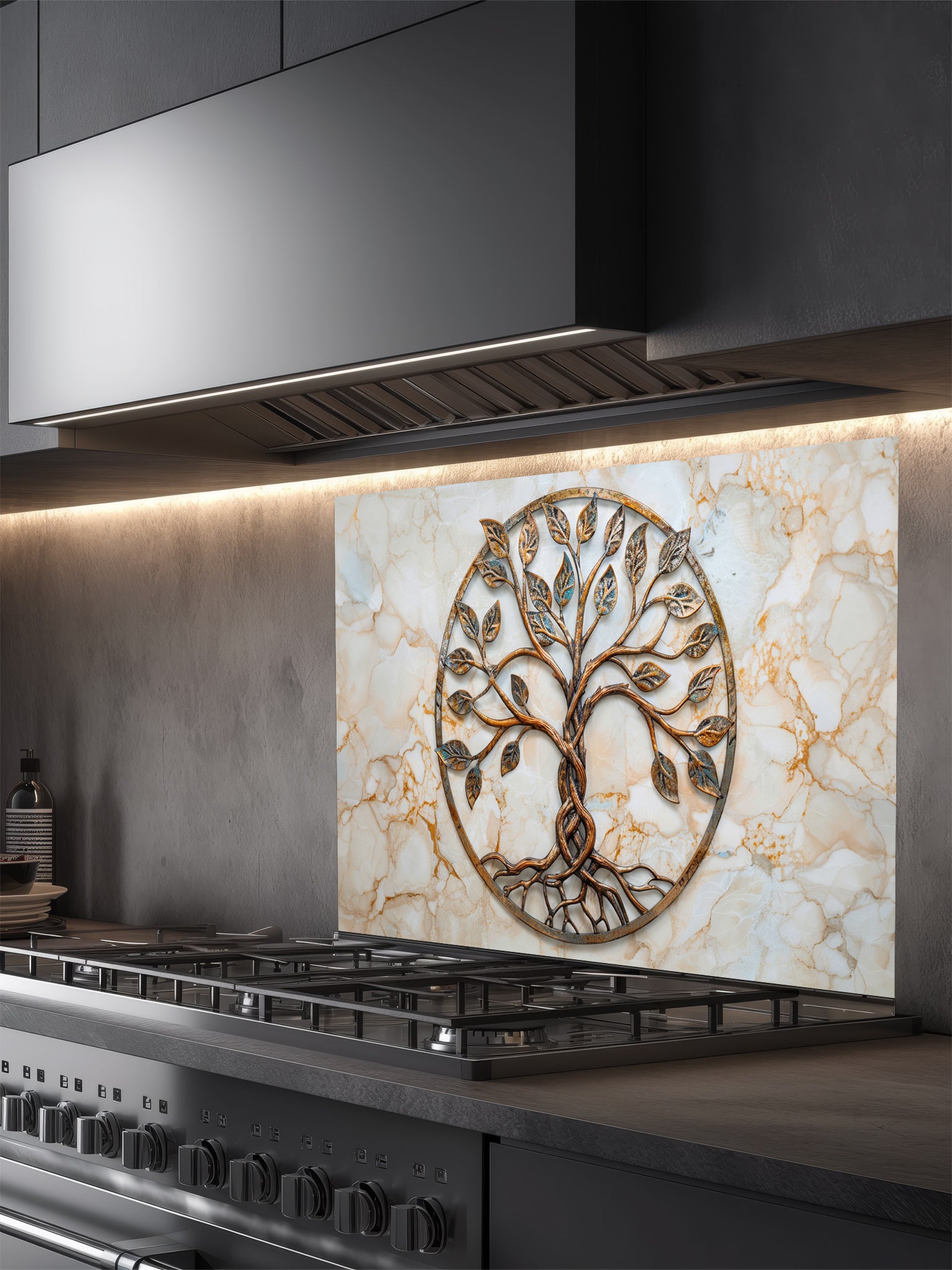 Faux 3D effect weathered rustic bronze and copper Tree of Life sculpture with patina accents on a warm cream marble background, UV printed on a smooth tempered glass kitchen backsplash, installed behind a modern stove.