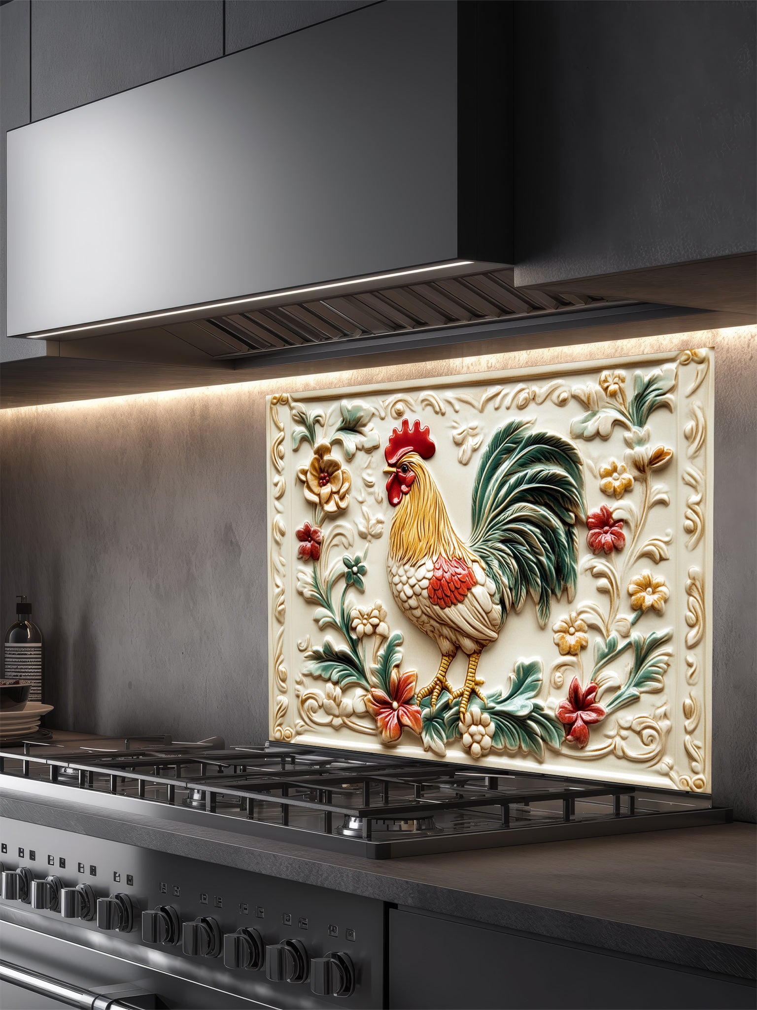 Tempered glass kitchen backsplash featuring a highly realistic 3D illusion of a vintage embossed ceramic tile showing a proud rooster and rustic floral vines in red, green, and gold against a cream background, installed behind a modern stainless steel stove.