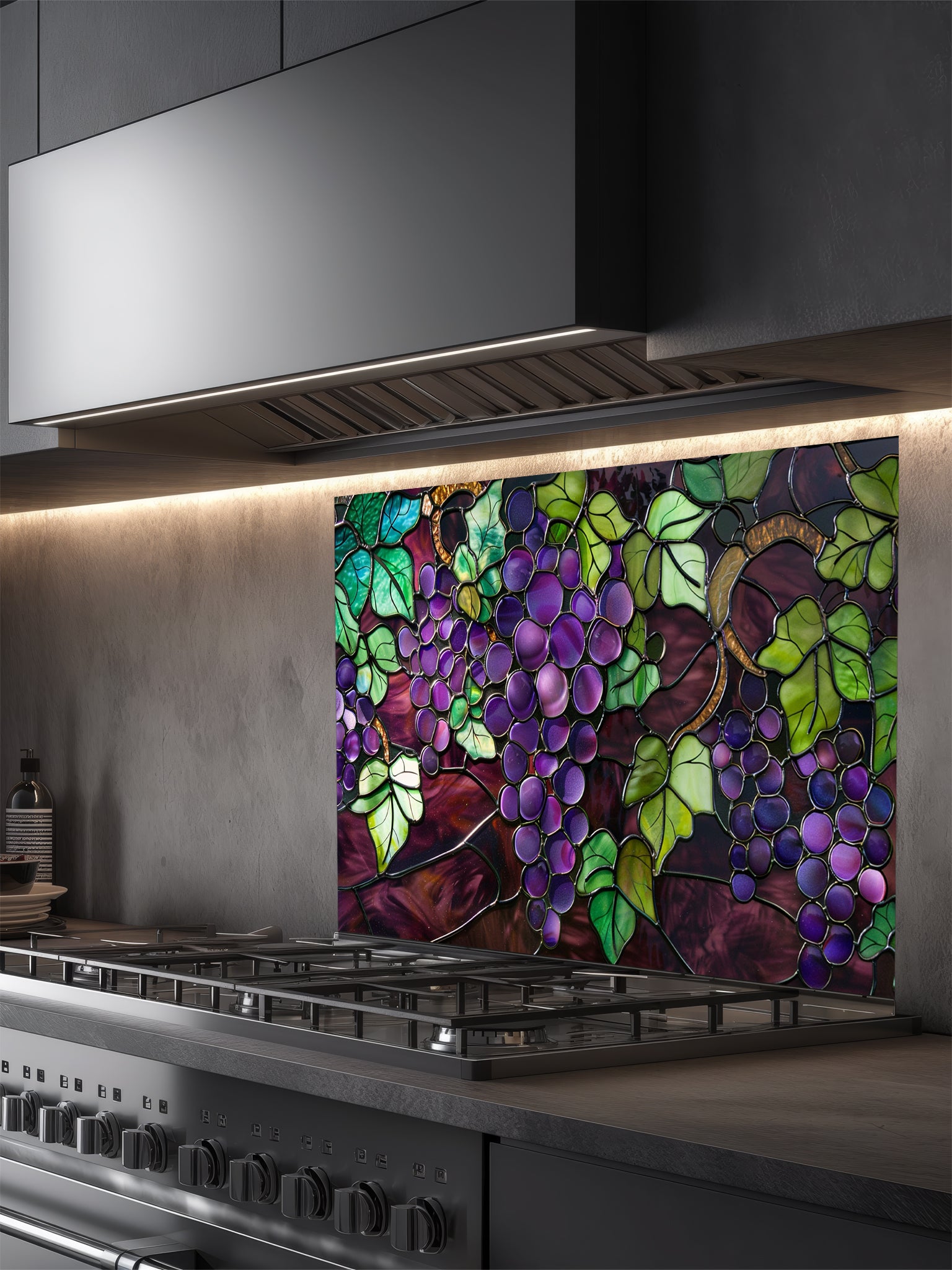 Stained glass style purple grapes and green vine leaves, UV printed on a smooth tempered glass kitchen backsplash, installed behind a modern stove.