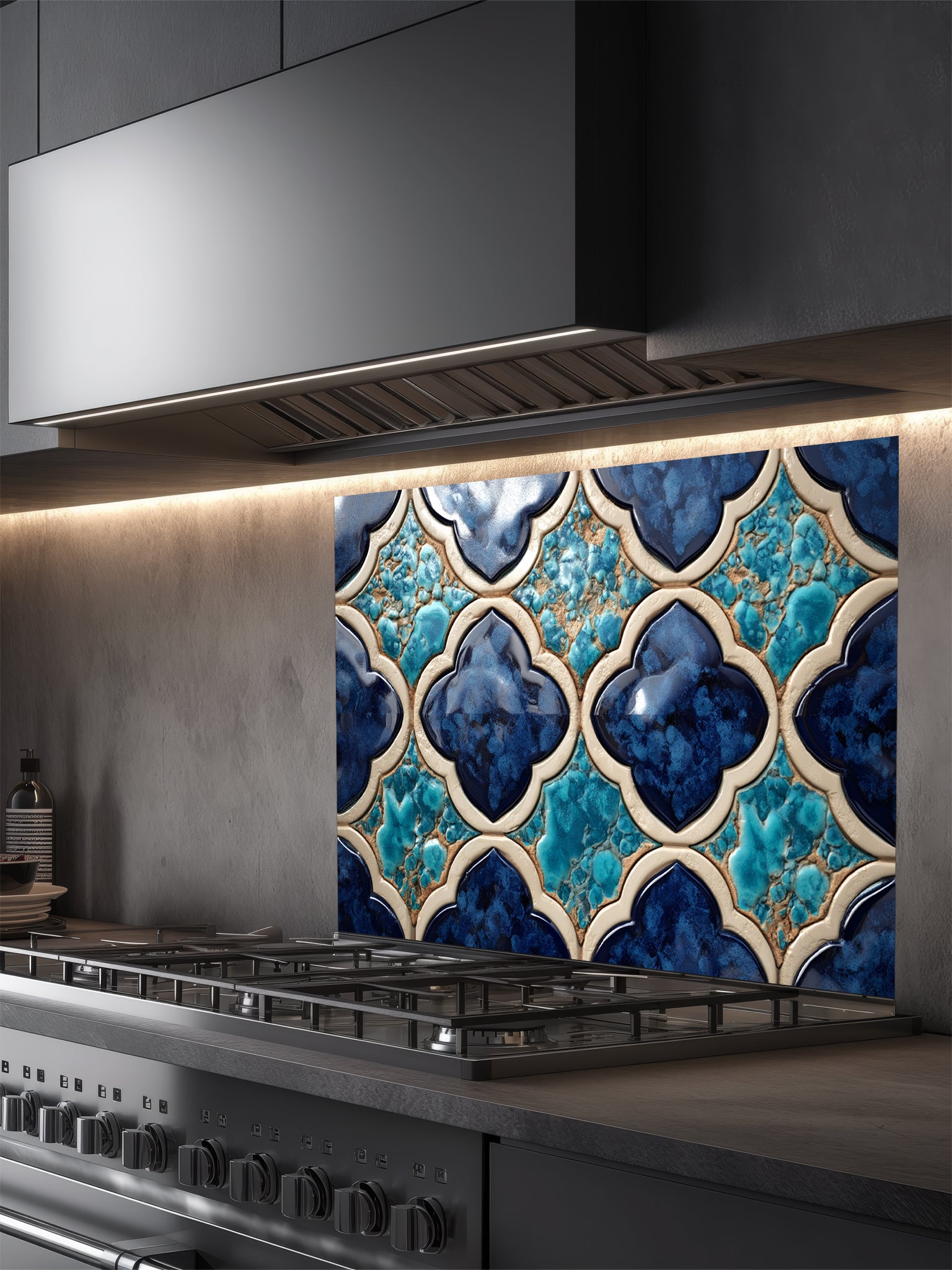 Decorative backsplash with blue and white pattern above a stove